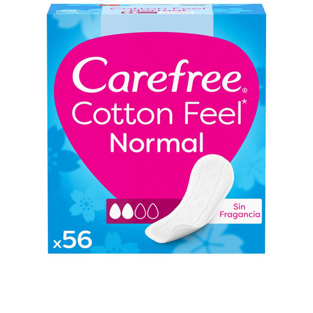 Carefree Cotton Feel Normal Protegeslips. Weiße Protegeslips auf blauem Hintergrund. Packung mit 56 Stück.