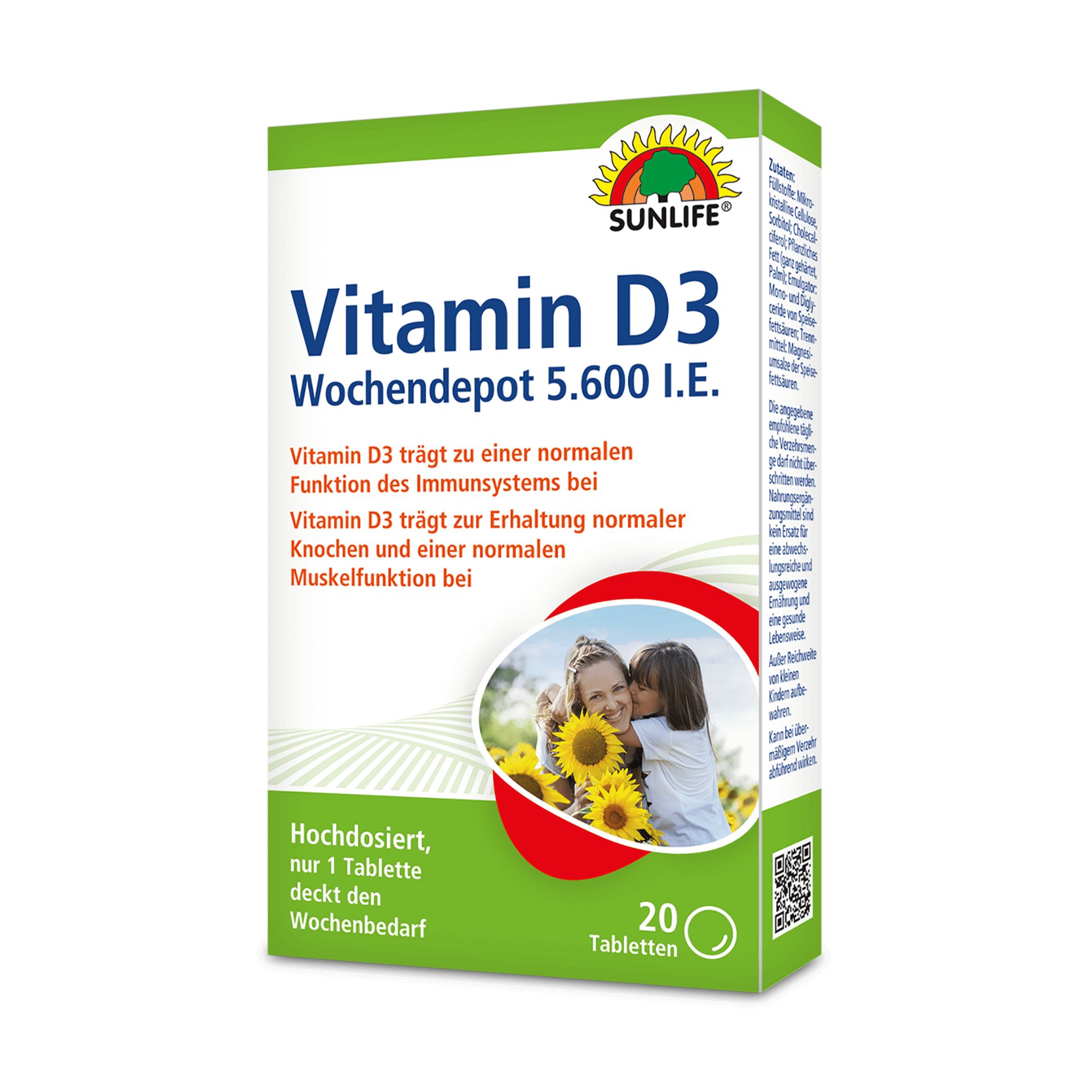SUNLIFE Vitamin D3 Wochendepot Packung. Grün-weiß, mit Produktnamen und Logo. Enthält 20 Tabletten. Bild einer Frau und Kind.