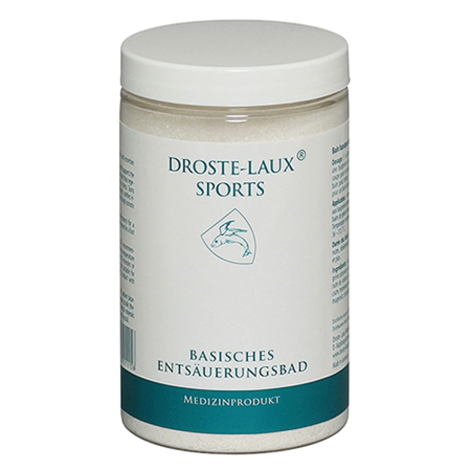Zylindrische Dose mit weißem Deckel. Aufschrift: DROSTE-LAUX SPORTS, BASISCHES ENTSÄUERUNGSBAD, MEDIZINPRODUKT. Logo mit Fisch.