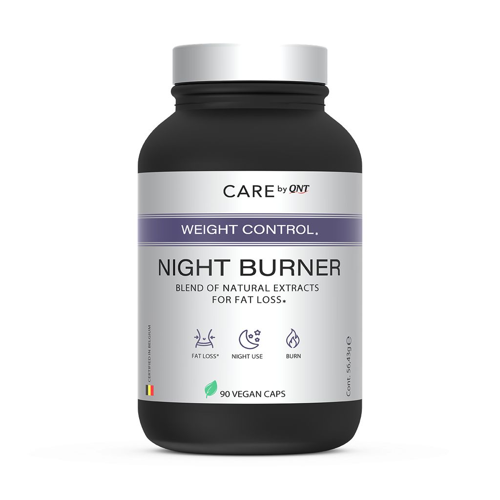 Schwarze Flasche mit CARE by QNT NIGHT BURNER Etikett für Gewichtsmanagement, 90 vegane Kapseln.