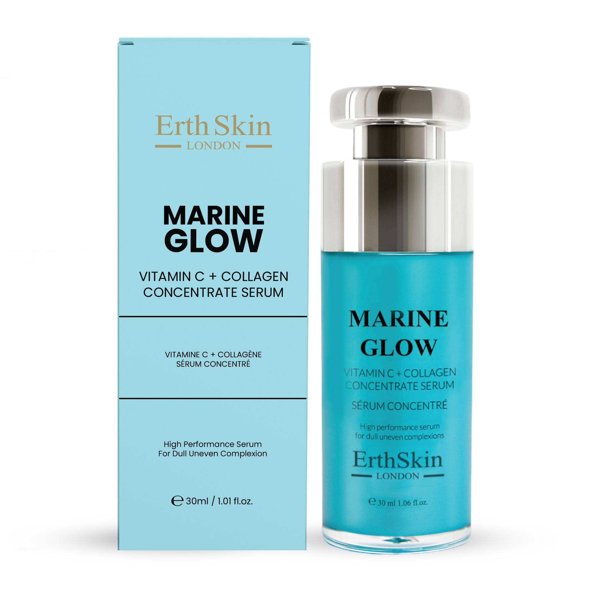 ErthSkin London Meeresglow Vitamin C + Kollagenserum Flasche und Verpackungsbox.