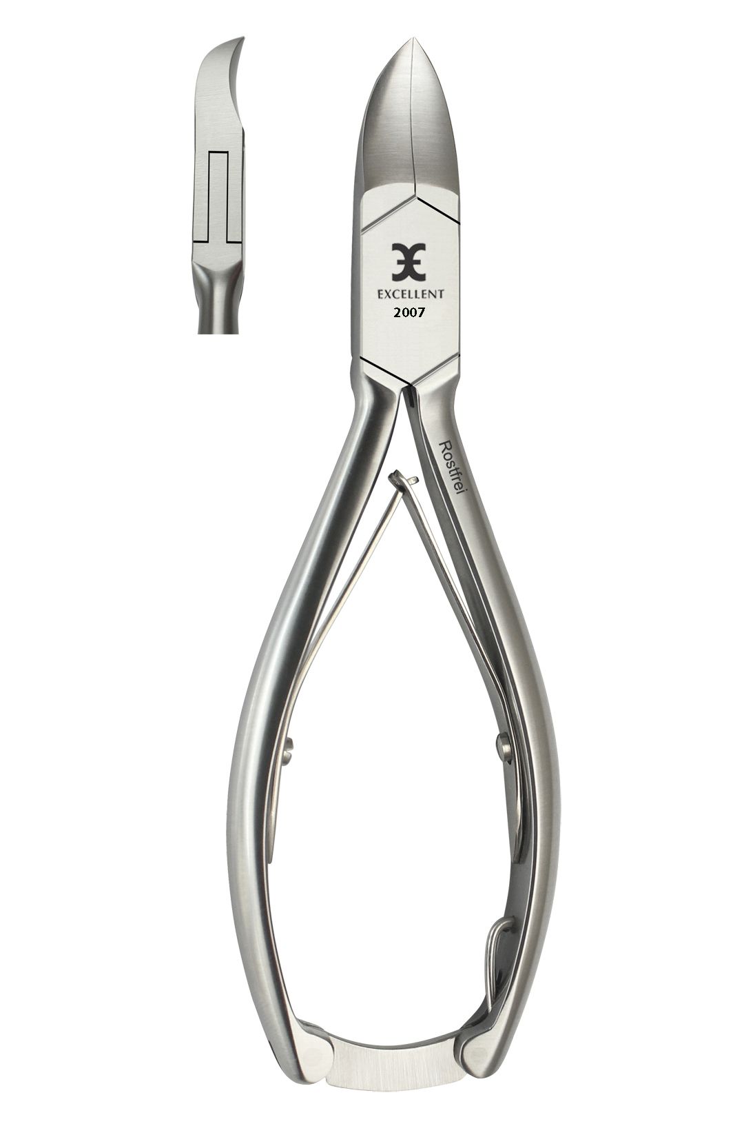 Nagelzange aus Edelstahl. Marke Excellent, Modell 2007. Rostfrei. Mit gebogener Schneide und Griffen.