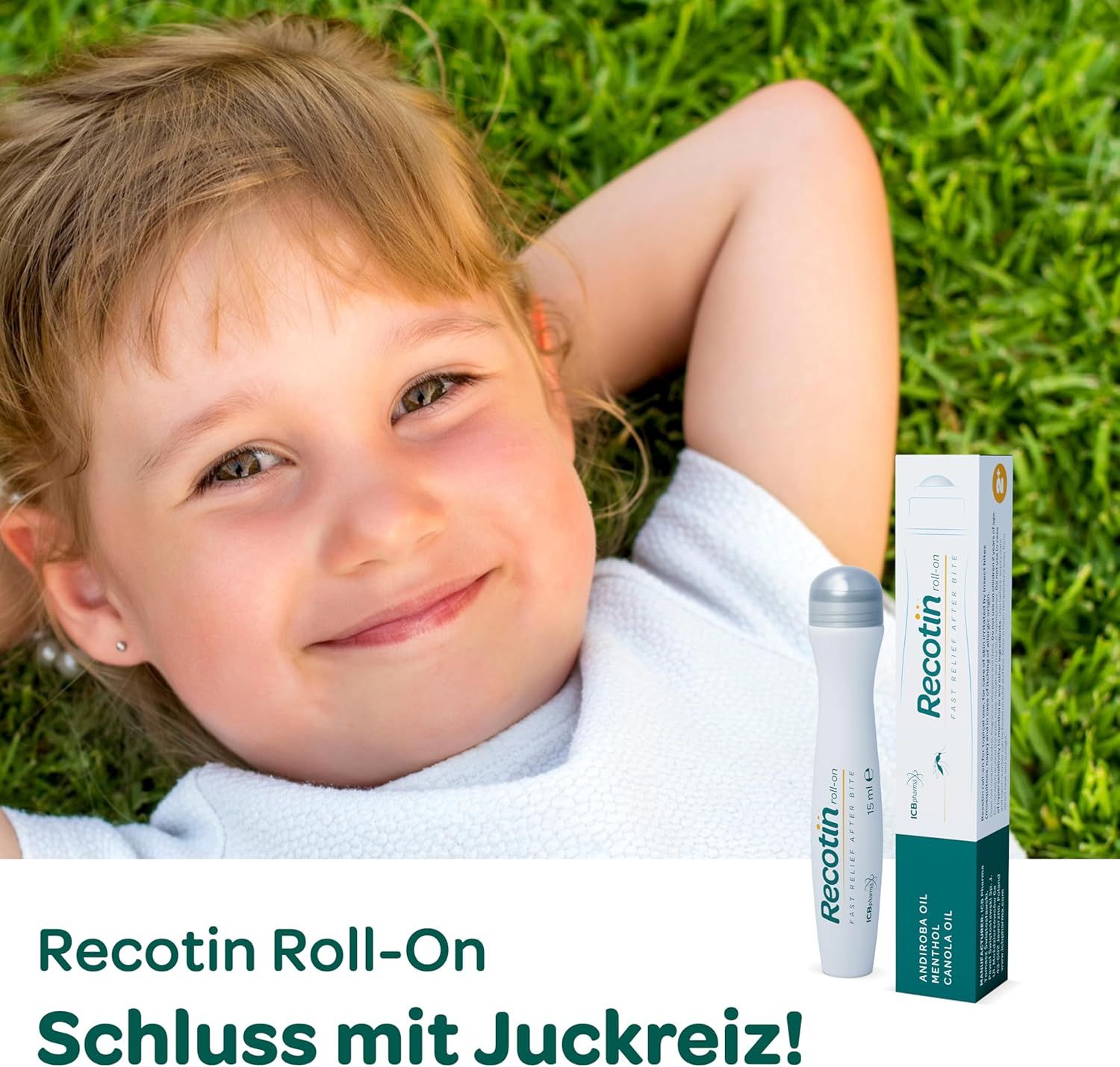 Kind liegt im Gras, lächelt. Neben ihm: Roll-on-Flasche und Verpackung. Text: Schluss mit Juckreiz!