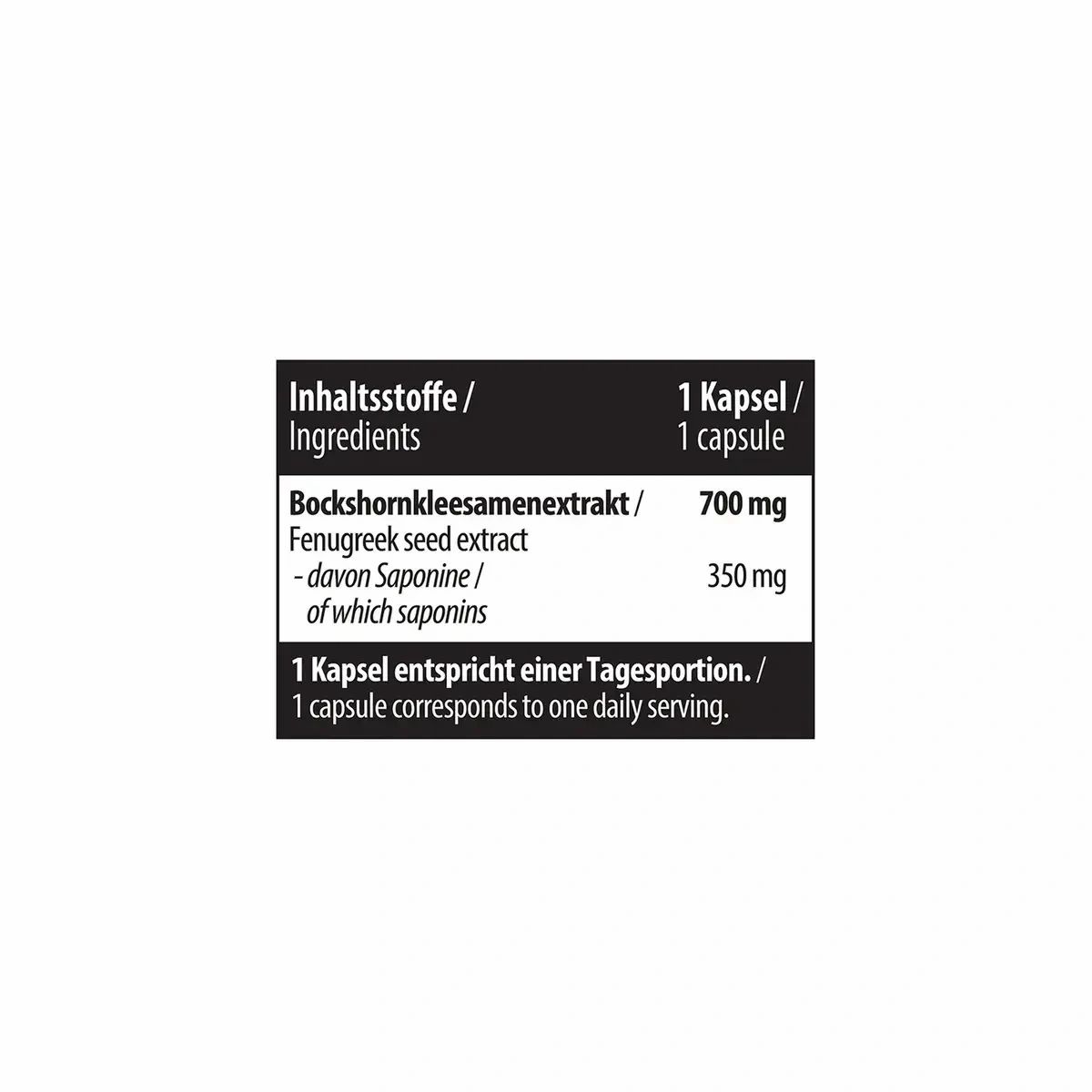 Nahaufnahme der Inhaltsstoffe von MST Fenugreek. Text: Bockshornkleesamenextrakt, 700 mg, davon Saponine 350 mg.