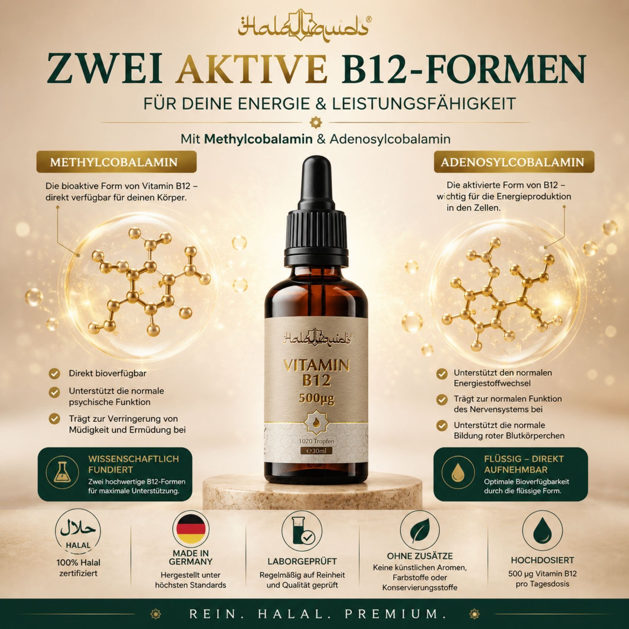Flasche Vitamin B12 Tropfen 500µg mit Molekülstrukturen von Methylcobalamin und Adenosylcobalamin.