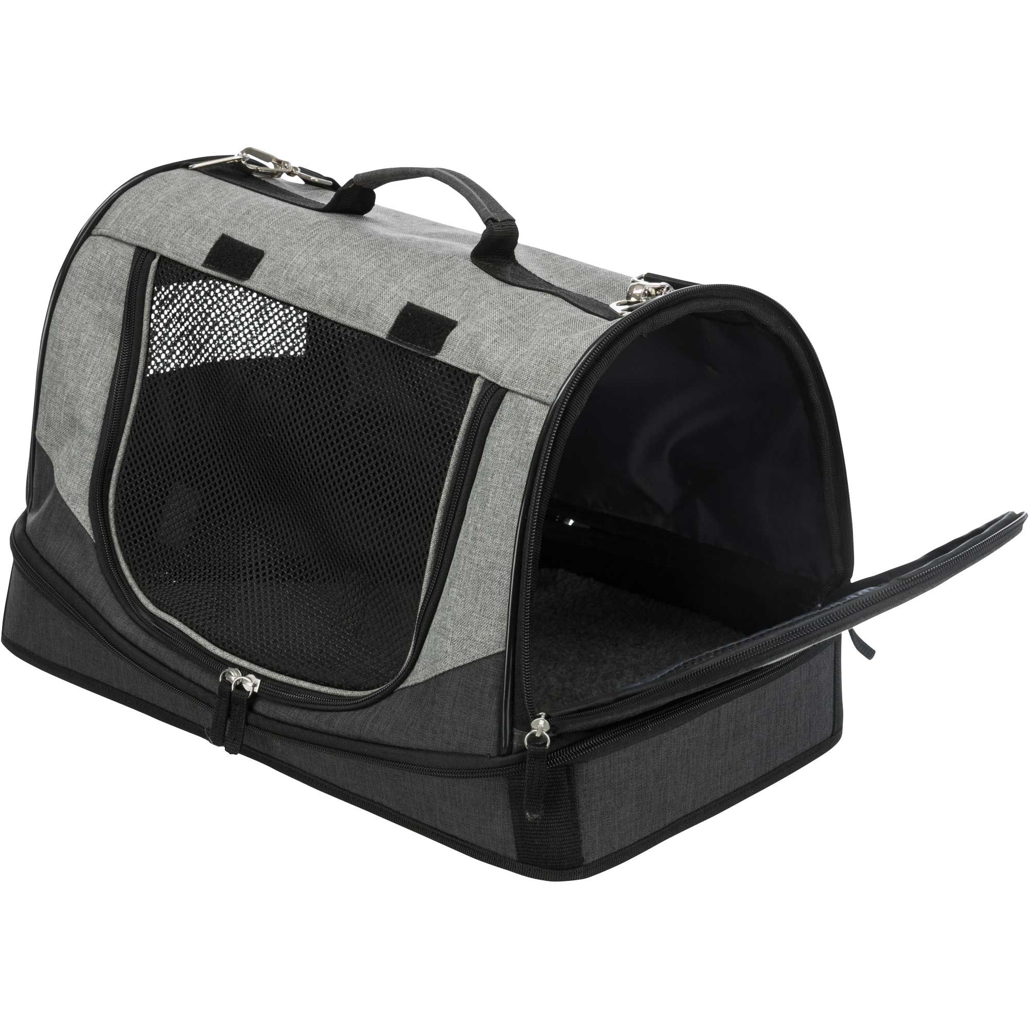 Grau-schwarze Hundetasche mit geöffneter Front. Mit Tragegriff, Reißverschlüssen und Netzeinsätzen. Ovale Form.