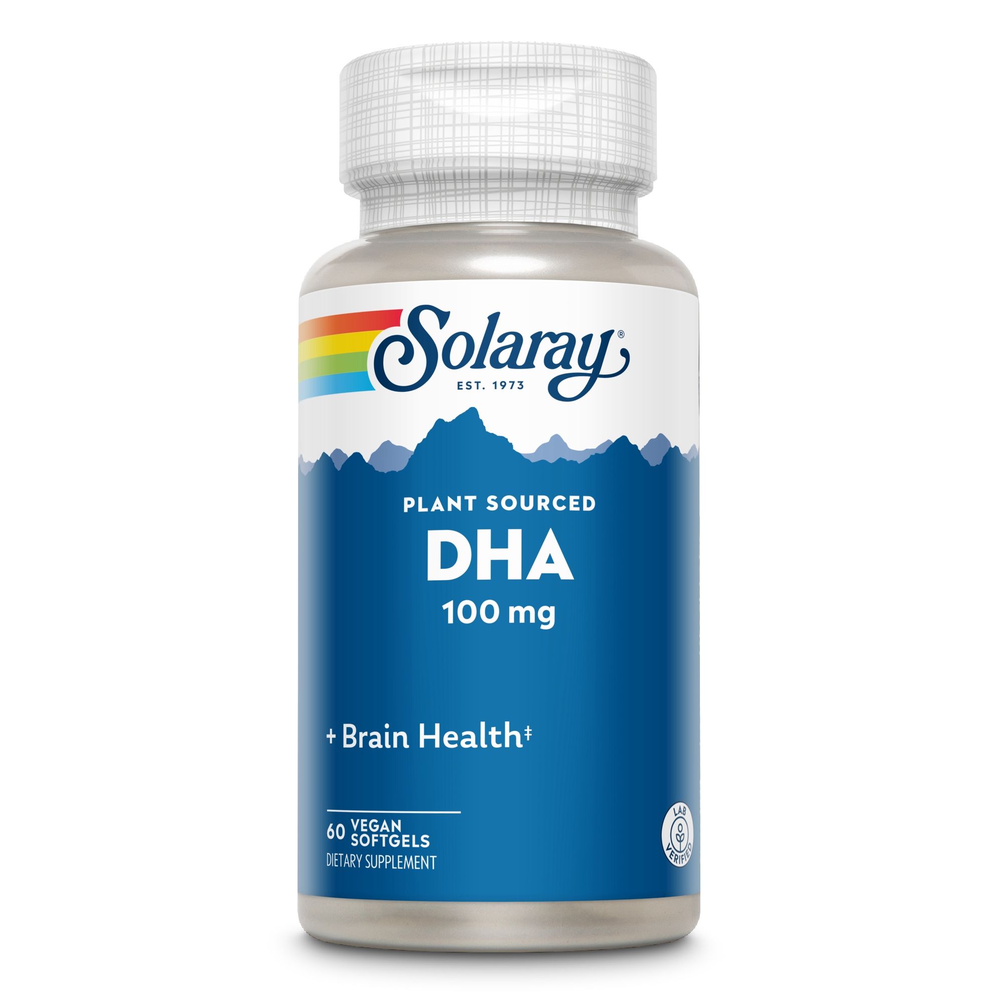 Blaue Flasche mit weißem Deckel. Aufschrift: Solaray, DHA 100 mg, + Brain Health, 60 vegane Softgels.