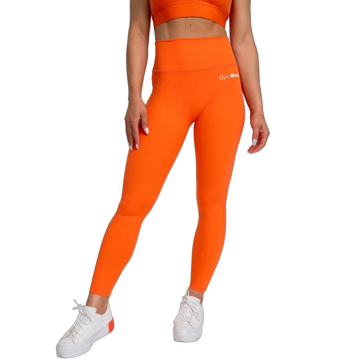Orange, knöchellange Damen-Leggings mit hohem Bund, seitliche Ansicht.