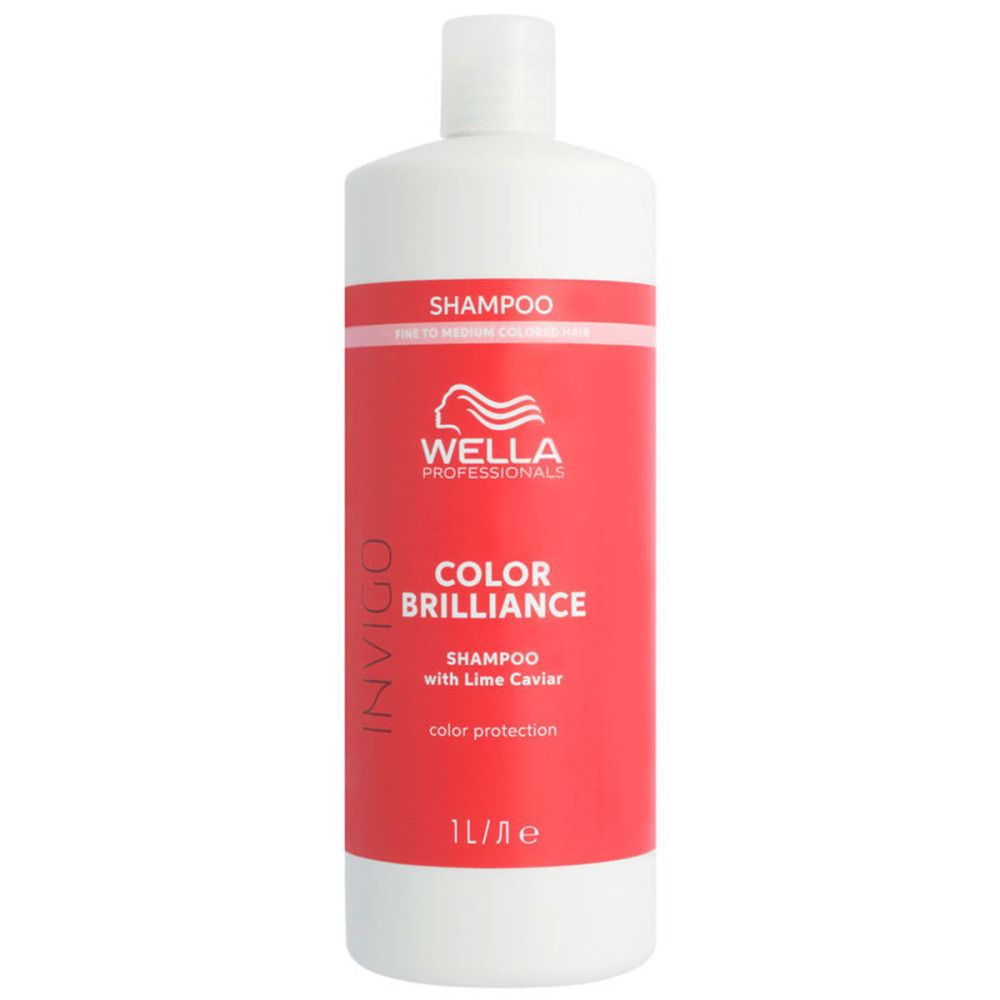 Weiße Shampoo-Flasche mit rotem Etikett. Aufschrift: Wella Color Brilliance, Shampoo mit Limettenkaviar. 1L.