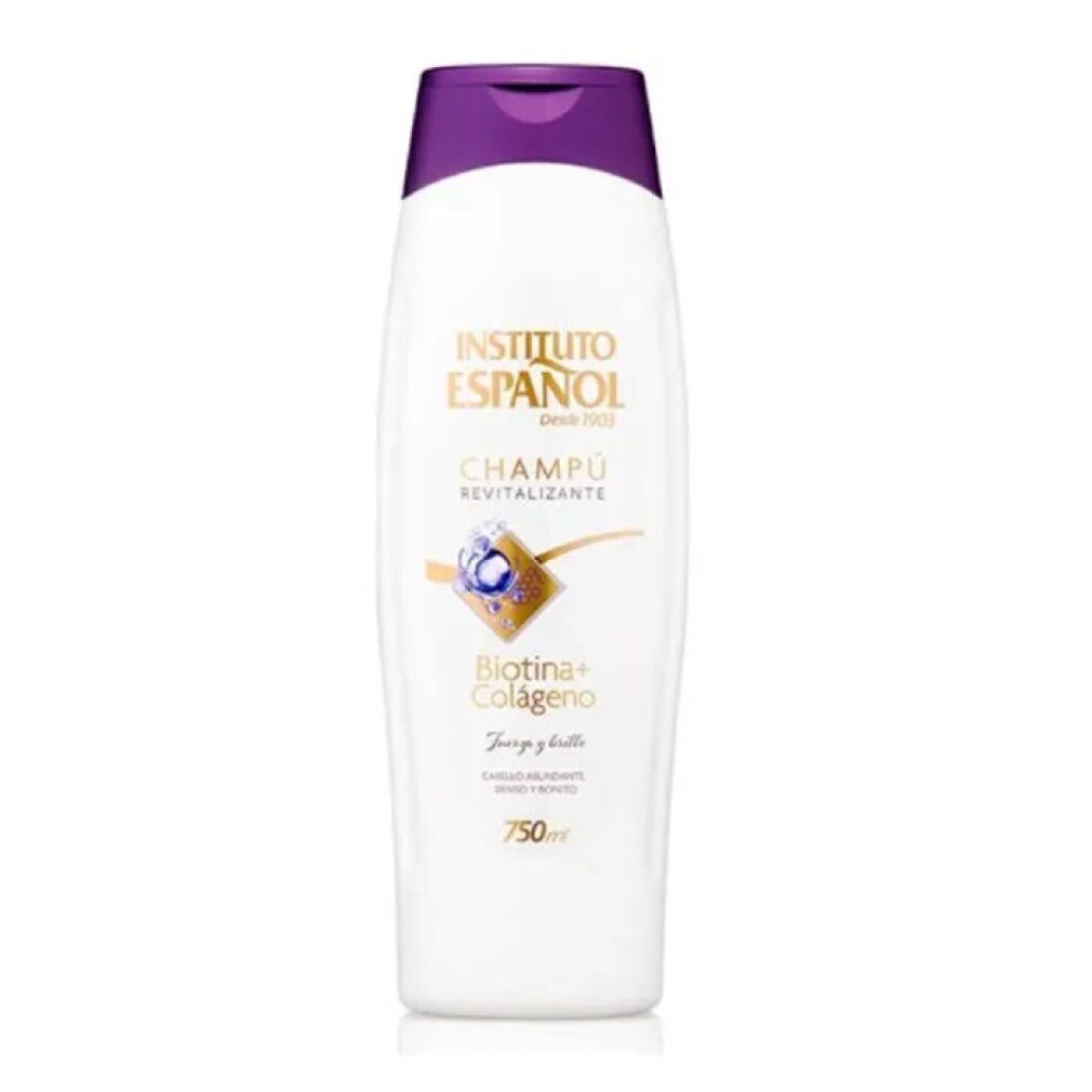 Weißes Shampoo mit lila Verschluss. Aufschrift: Instituto Español, Champú Revitalizante, Biotin + Colágeno. 750ml.