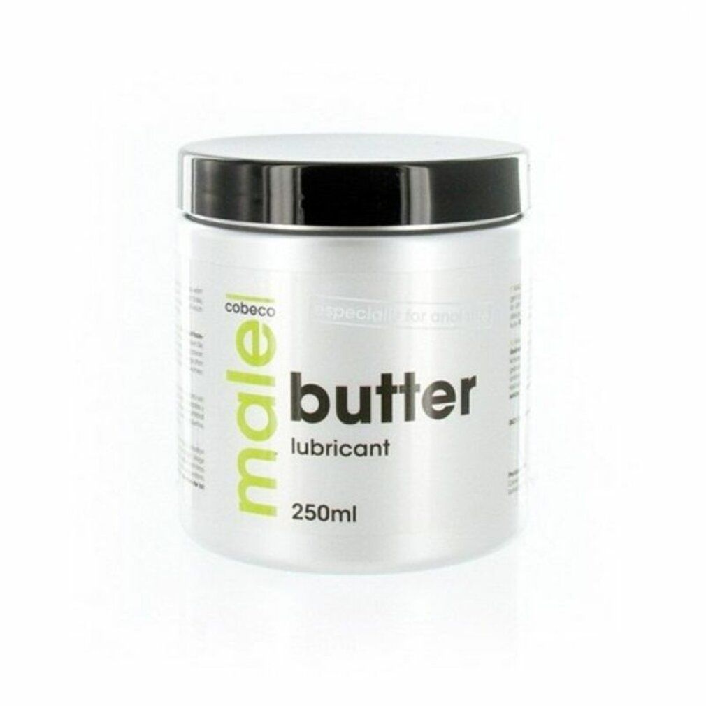 Zylinderförmige Dose mit schwarzem Deckel. Aufschrift: male butter lubricant 250ml. Marke: cobeco.