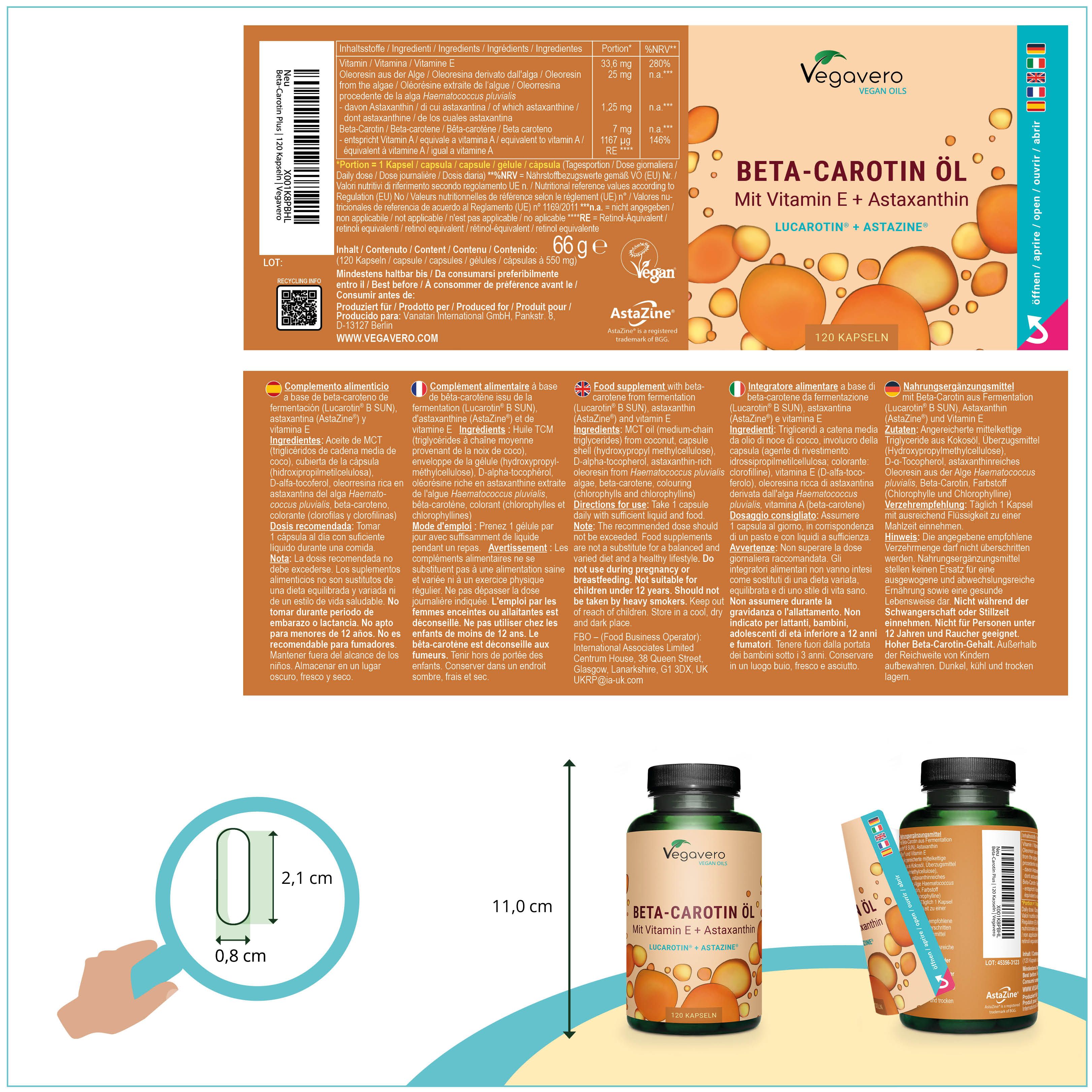 Produktverpackung mit Informationen. Flasche mit Kapseln und Abmessungen. Kapsel-Abmessungen: 0,8 x 2,1 cm.