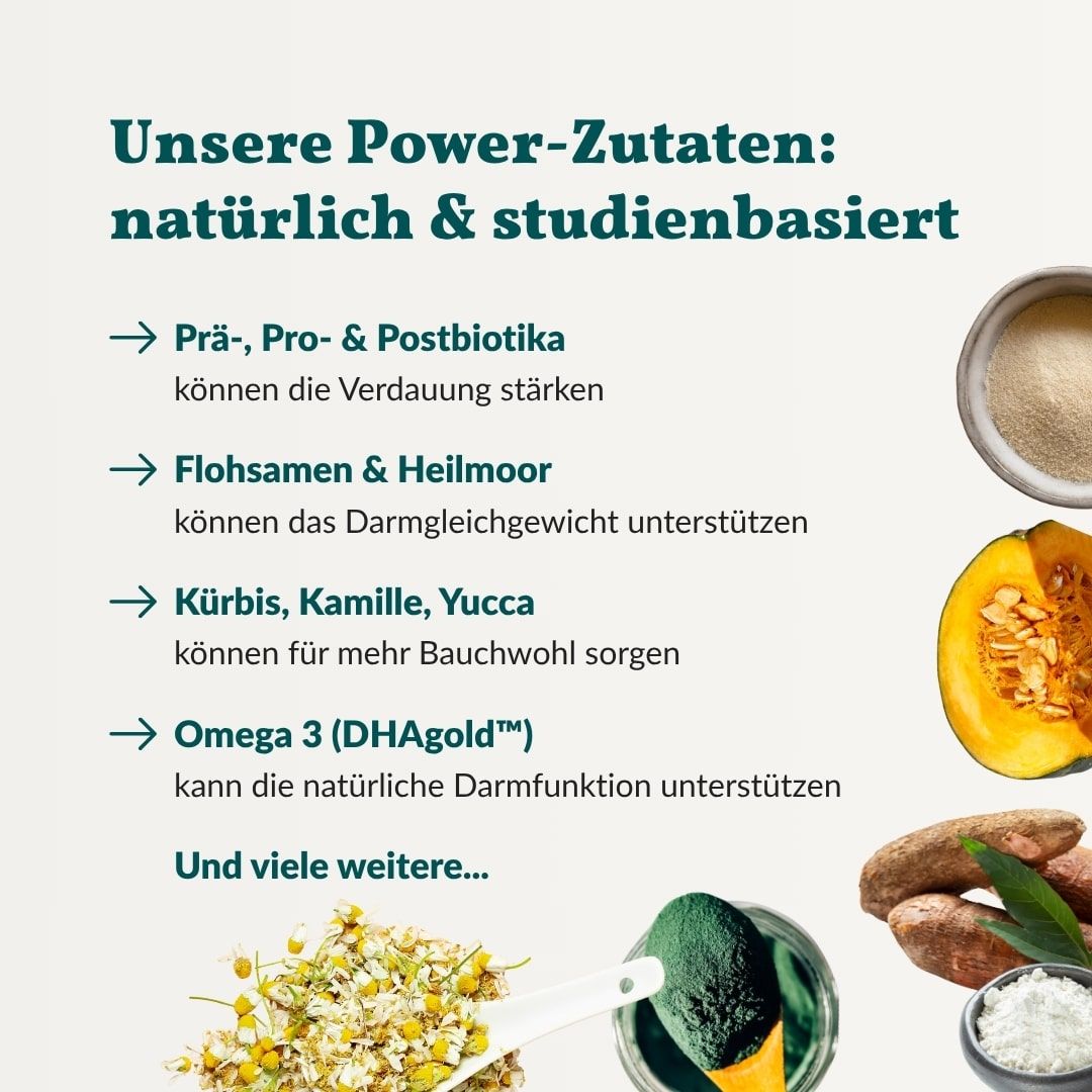 Infografik mit Zutaten: Prä-, Pro- & Postbiotika, Flohsamen & Heilmoor, Kürbis, Kamille, Yucca, Omega 3 (DHAgold).