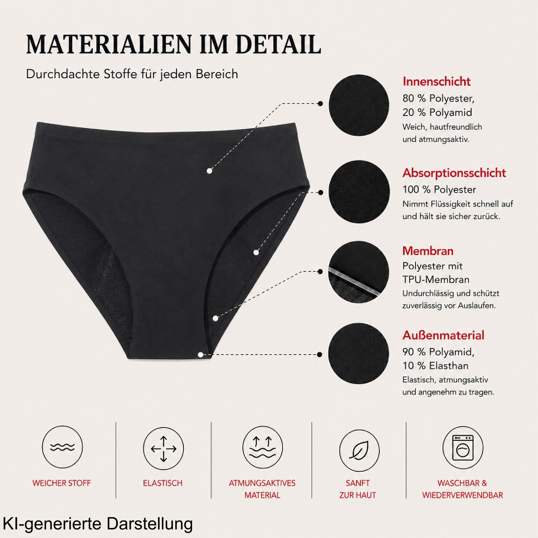 Detailansicht der Materialien einer schwarzen Periodenunterhose: Innen-, Absorptions-, Membran- und Außenmaterial.