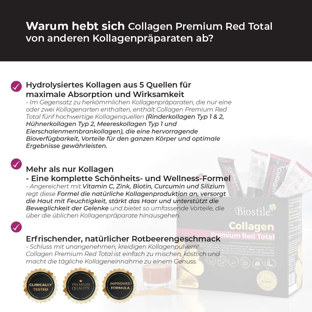 Biostile Collagen Premium Red Total Schachtel und Sticks. Text: Vorteile, Inhaltsstoffe, Geschmack.