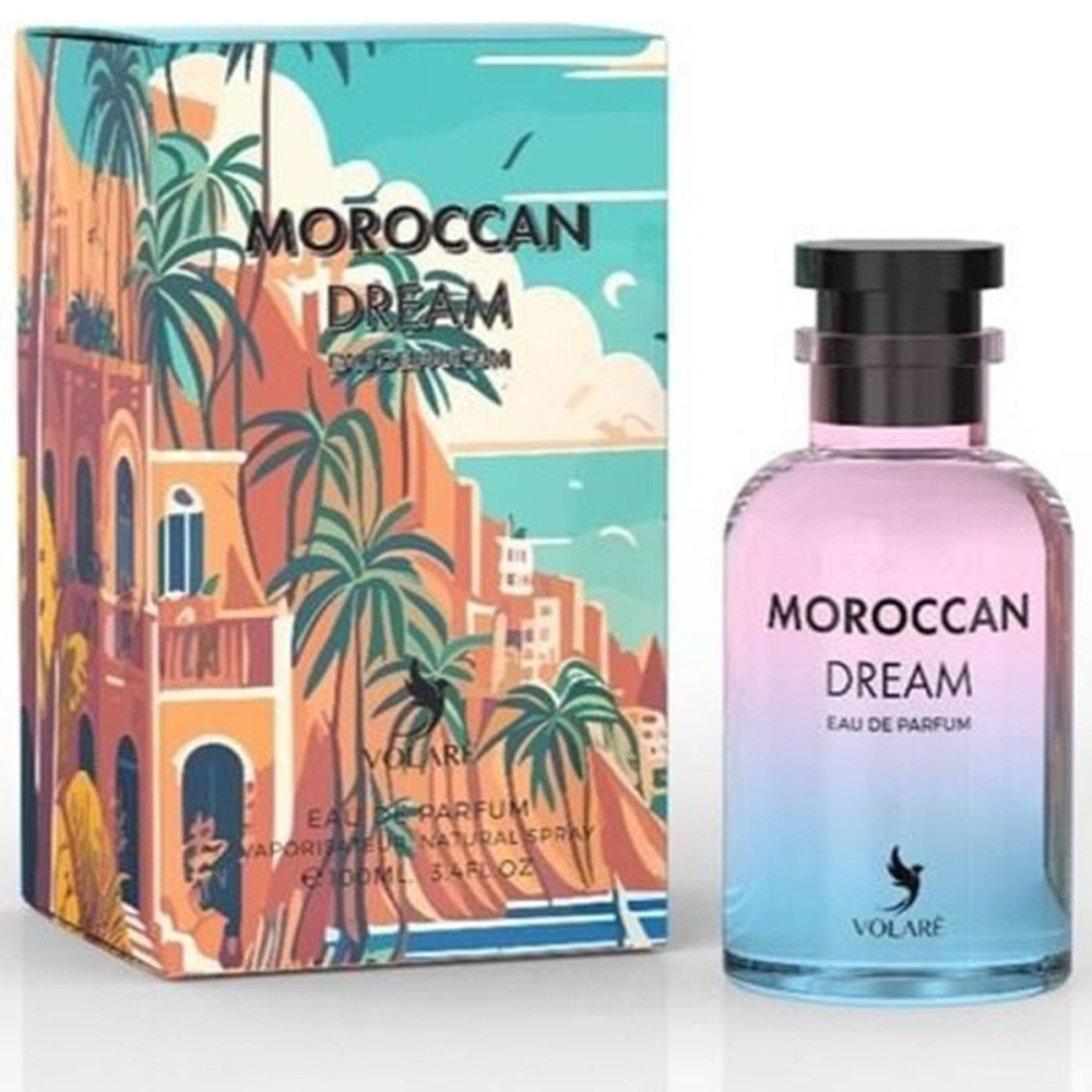 Parfümflakon und Verpackung. Flakon mit Farbverlauf. Aufschrift: Moroccan Dream Eau de Parfum. Verpackung mit Landschaftsmotiv.