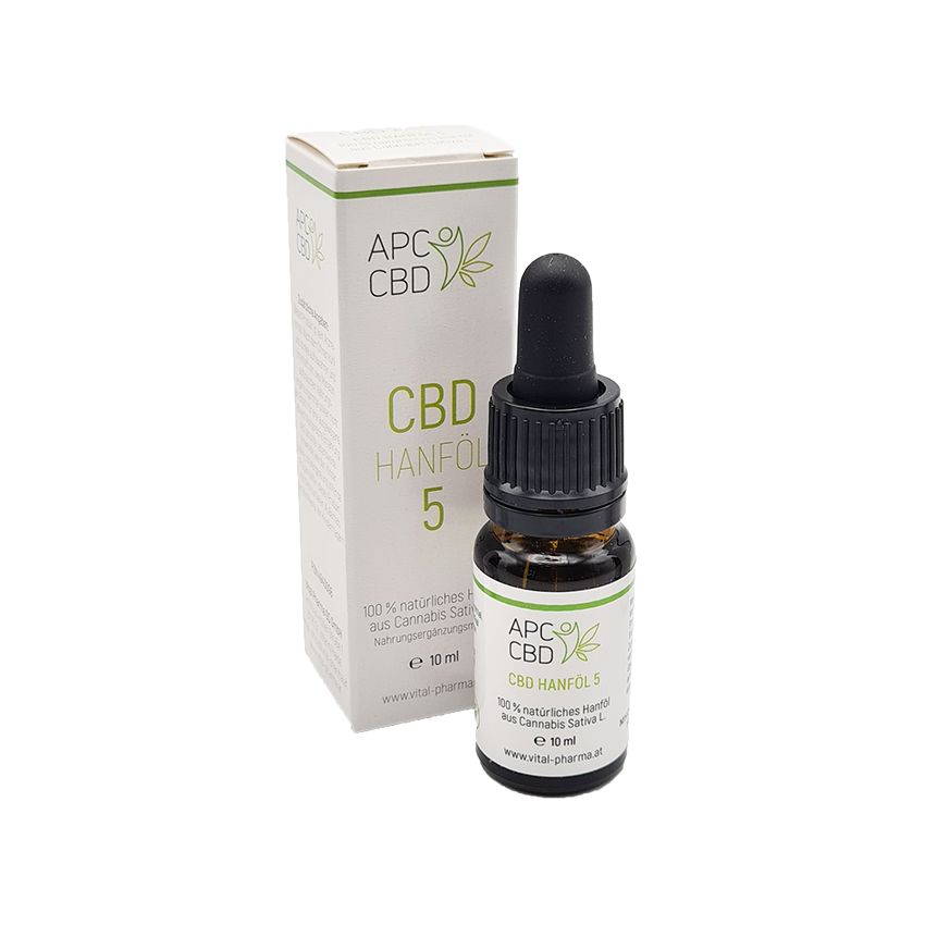 Braune Glasflasche mit Tropfer und Karton. Aufschrift: APC CBD Hanföl 5%.