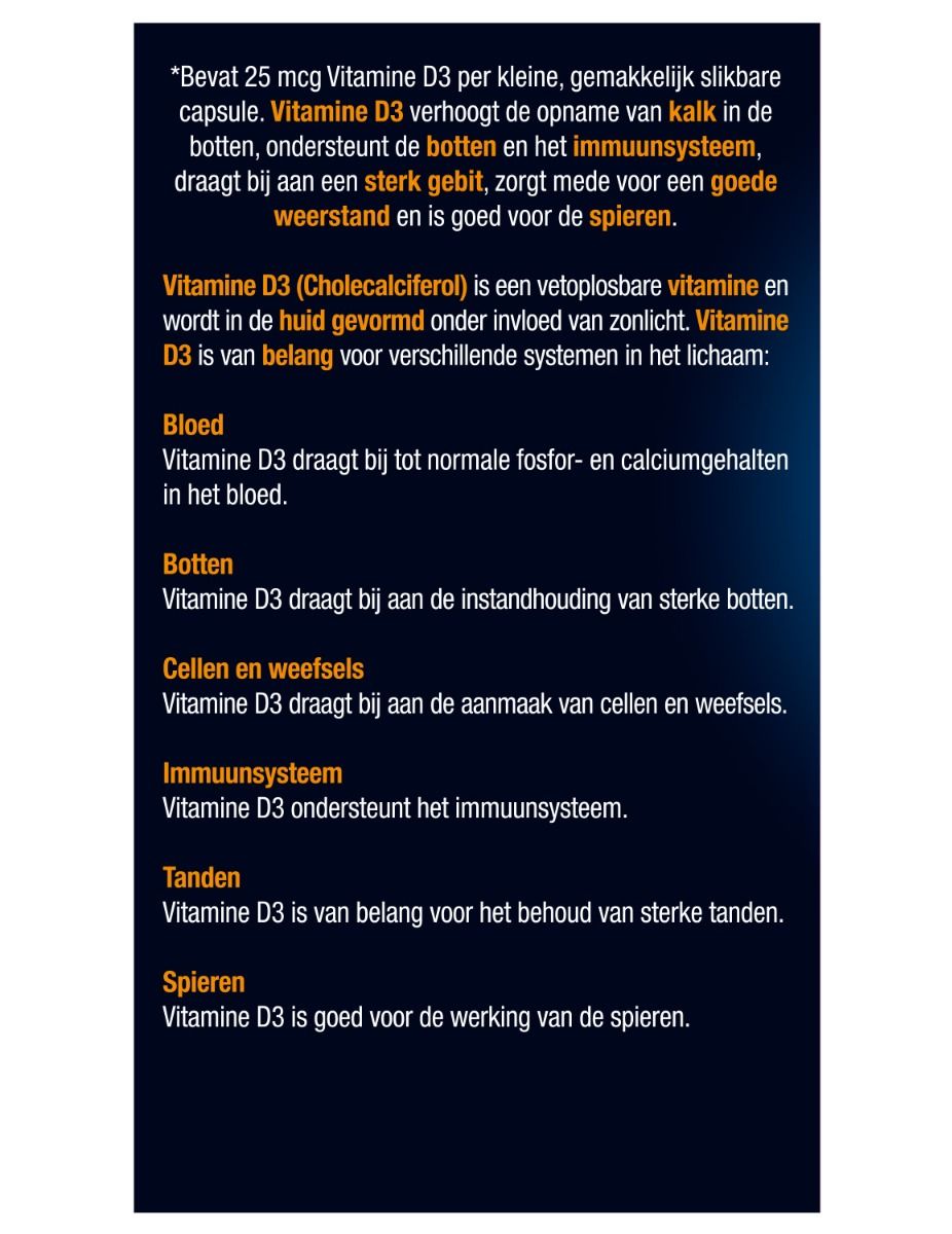Informationen über die Vorteile von Vitamin D3 für Knochen, Zähne und Immunsystem.