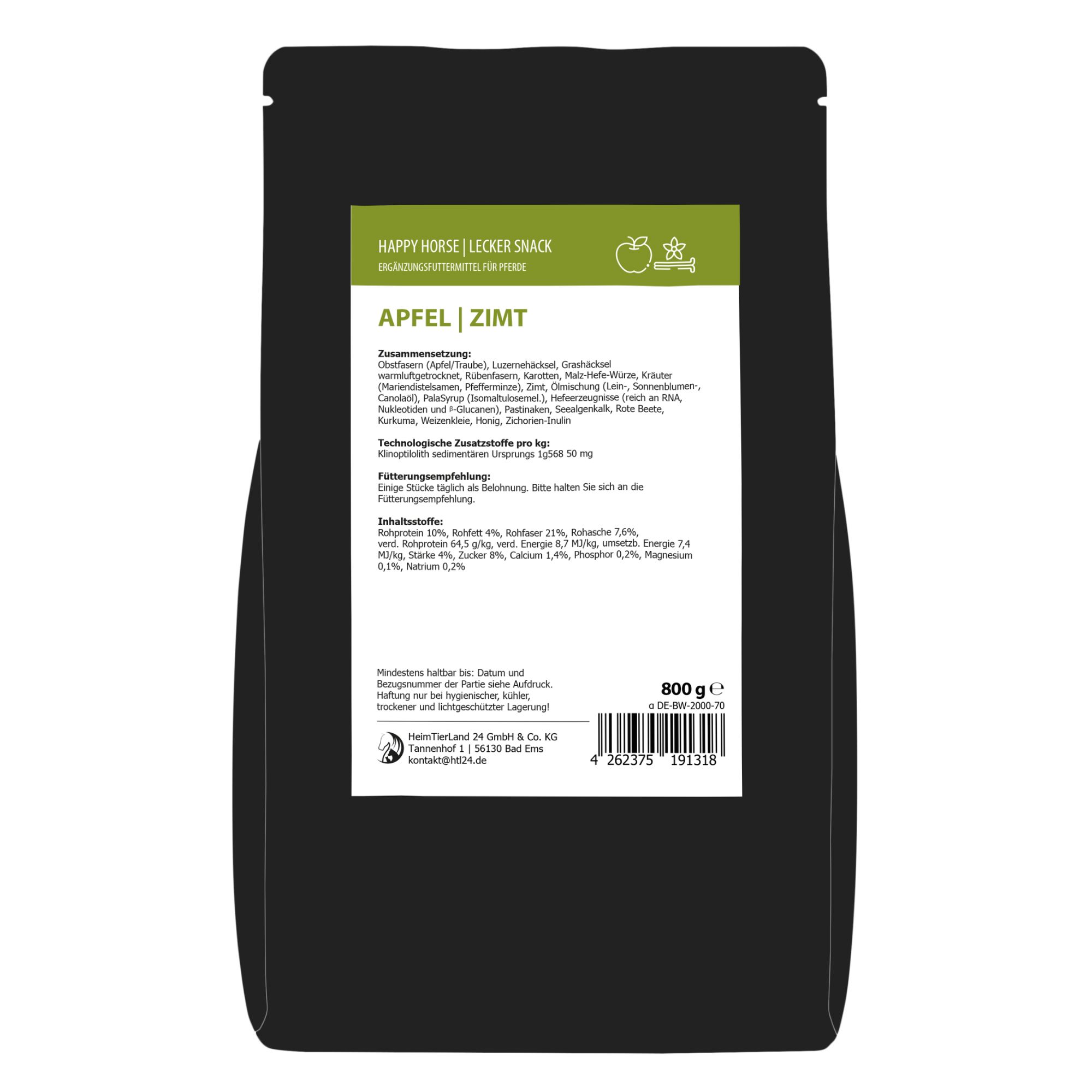 Schwarze Verpackung mit Text und Nährwertangaben. Aufschrift: "Happy Horse Lecker Snack Apfel Zimt".