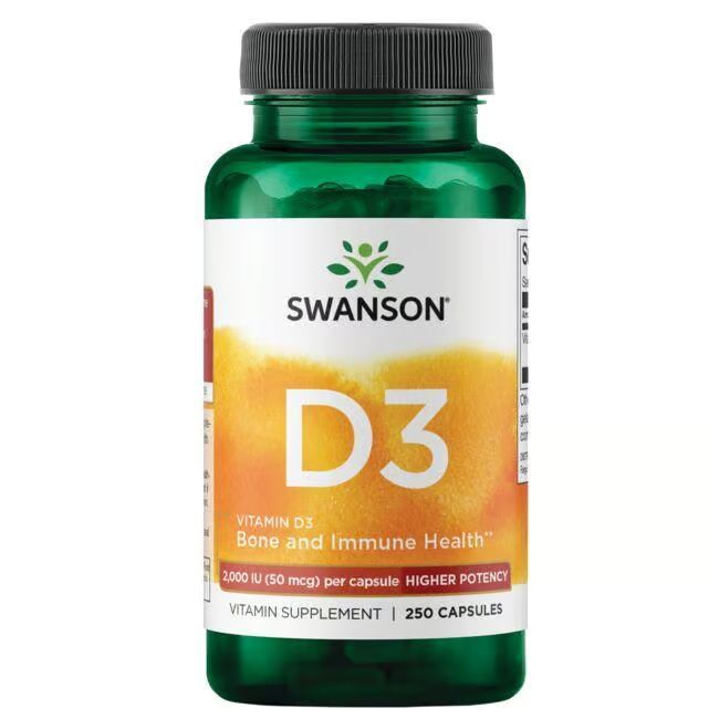 Grüne Flasche mit schwarzem Deckel. Etikett mit "SWANSON" und "D3". Enthält 250 Kapseln. Vitamin D3 Ergänzung.