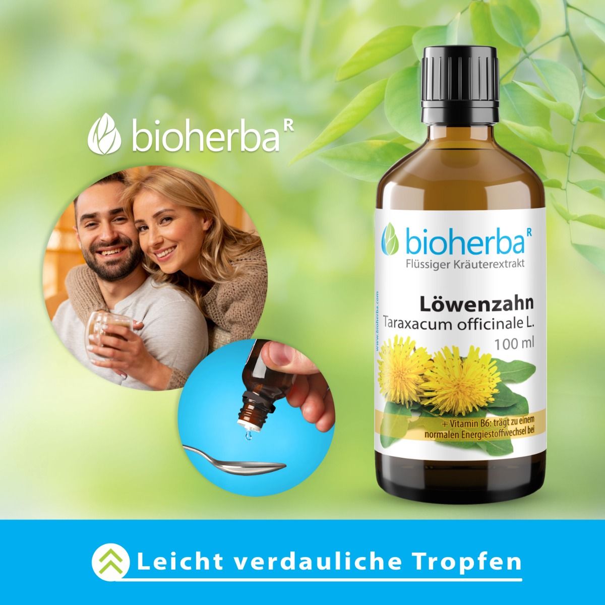 Paar mit Flasche und Löffel. Tropfen werden in den Löffel gegeben. Flasche mit Etikett. Text: Leicht verdauliche Tropfen.