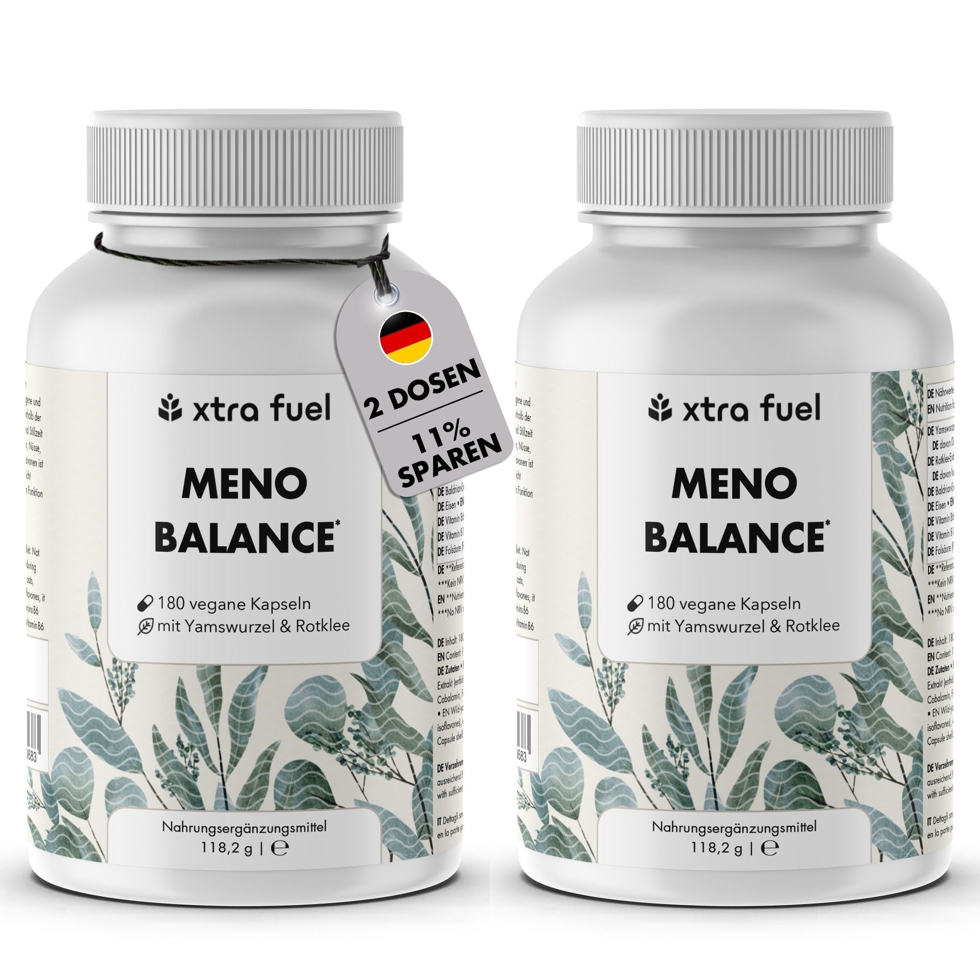 Zwei weiße Flaschen mit Kapseln. Auf einer Flasche ein Etikett mit „2 Dosen 11% sparen“. Aufschrift: Meno Balance.