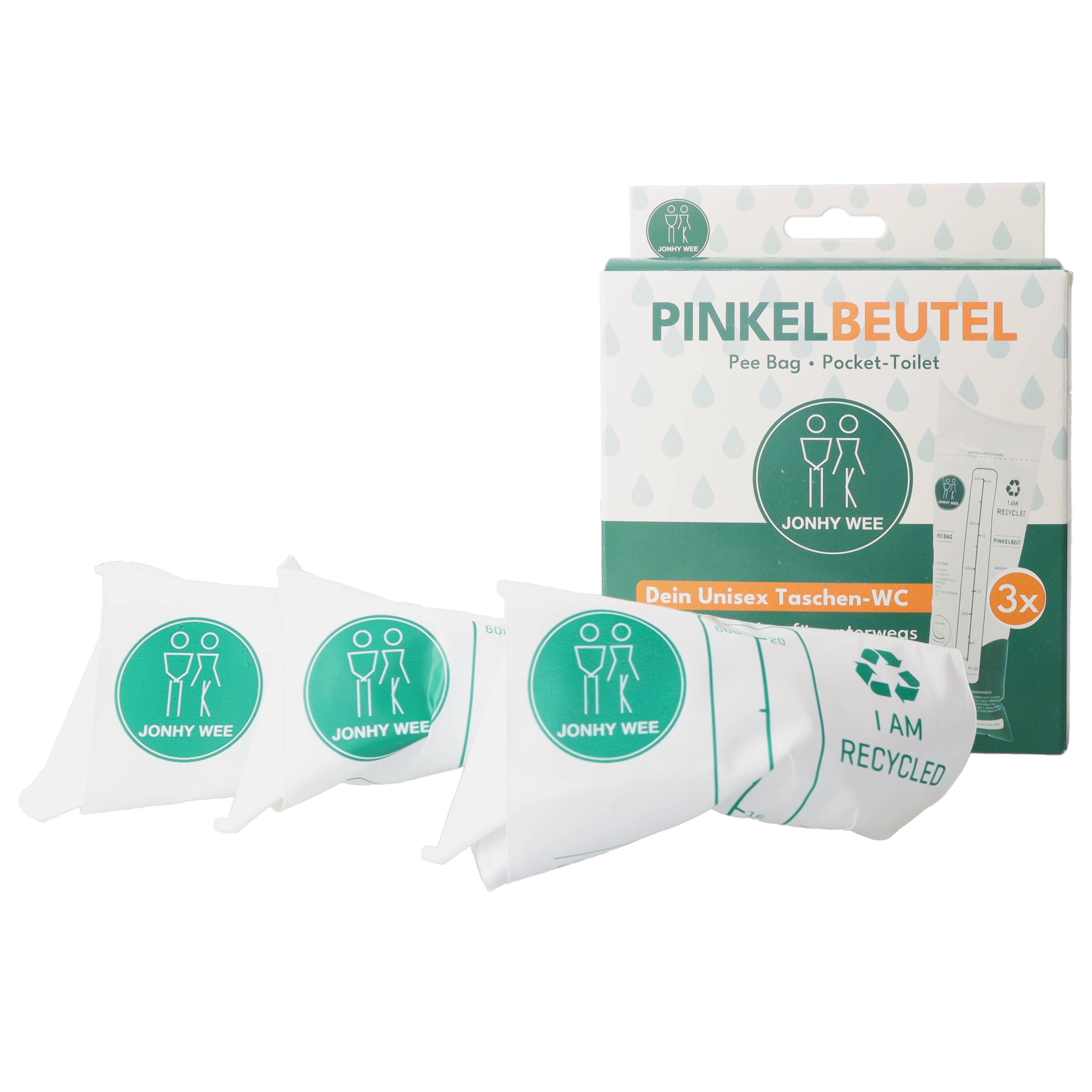 Packung mit 3 Unisex Pinkelbeuteln. Grüne und weiße Verpackung mit Logo und Text. "I AM RECYCLED"-Logo.