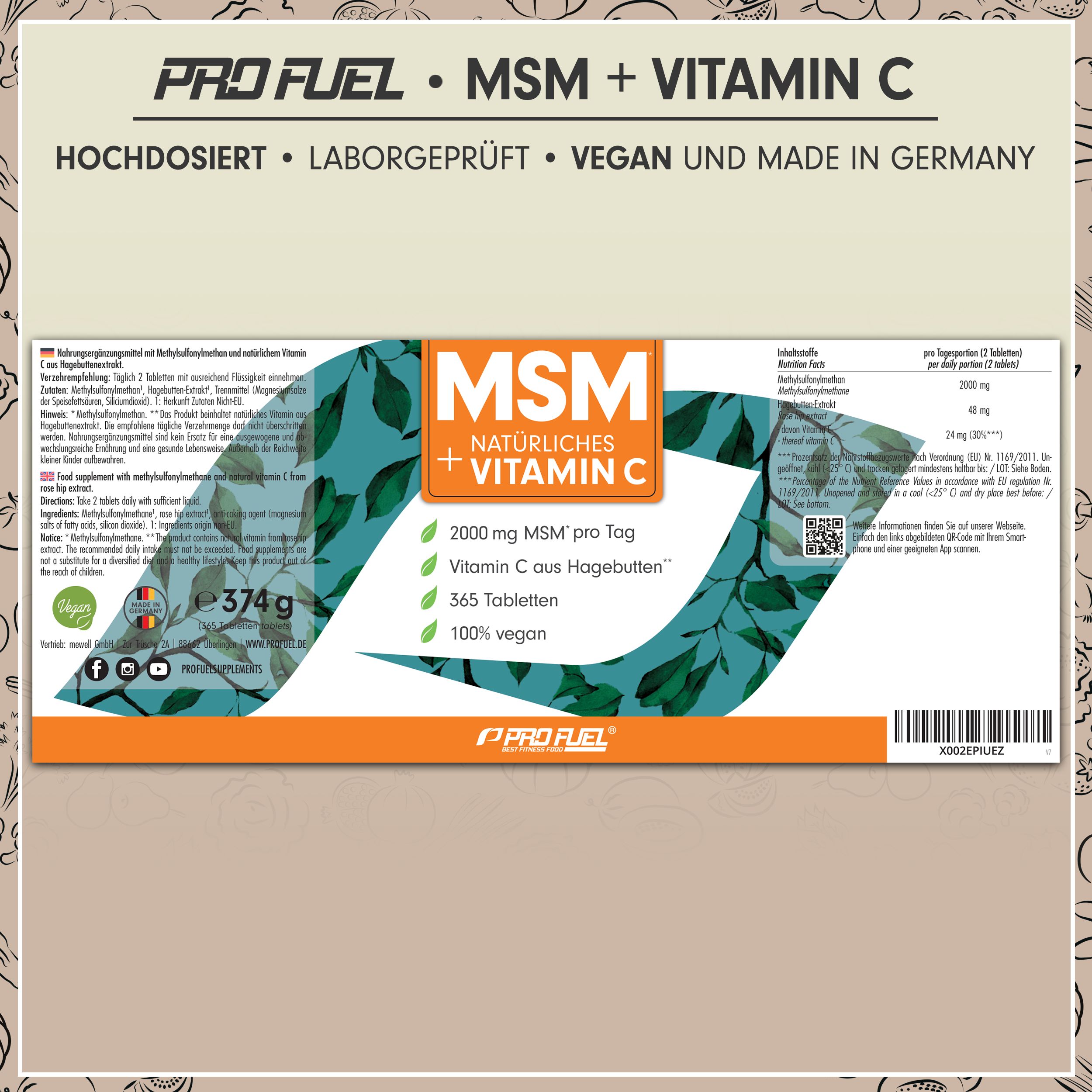 Verpackung von MSM + Vitamin C Tabletten. Aufschrift: 2000mg MSM, Vitamin C aus Hagebutten, 365 Tabletten, 100% vegan.