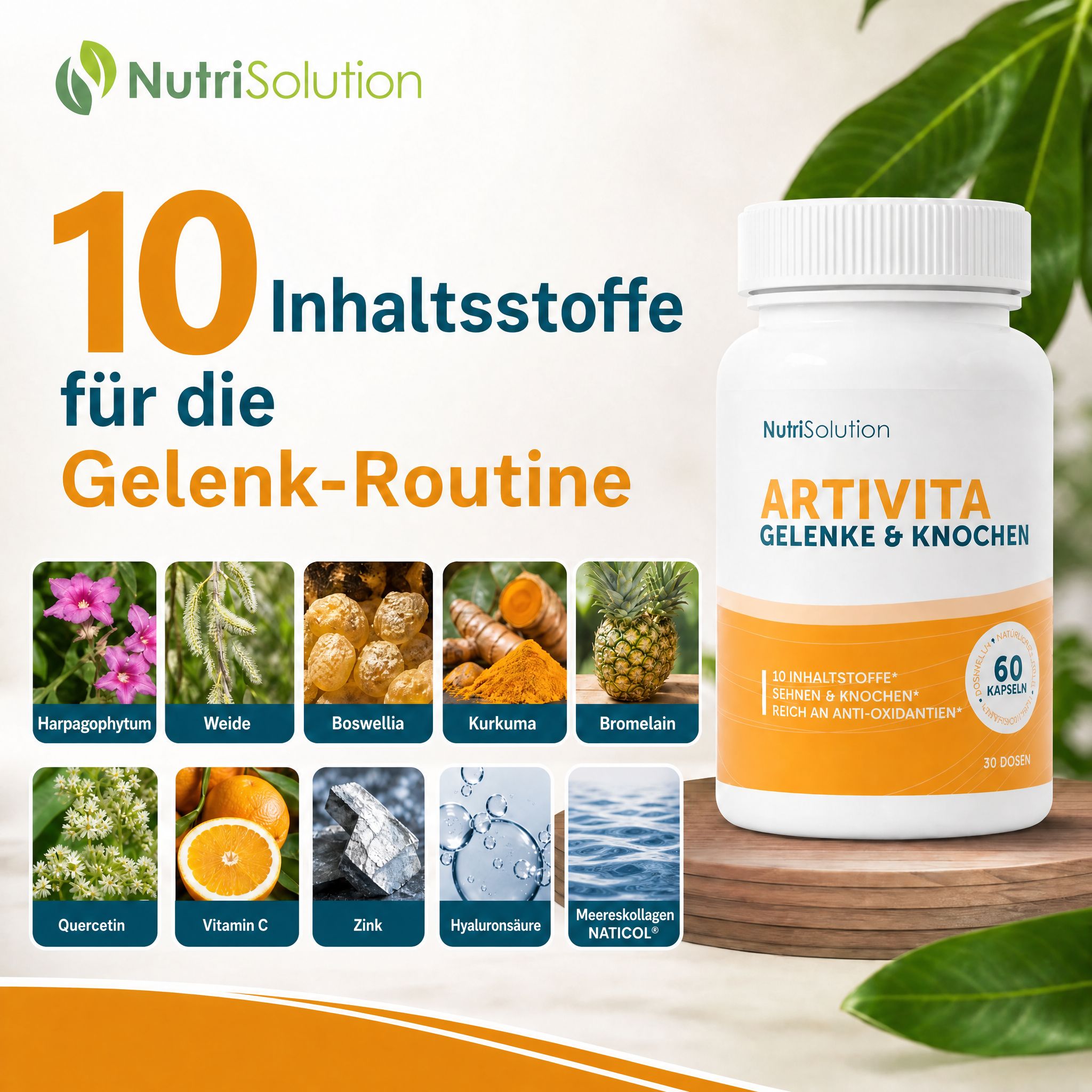 NutriSolution Artivita Kapseldose mit 10 Inhaltsstoffen für die Gelenk-Routine. Bilder von Harpagophytum, Weide, Boswellia, Kurkuma, Bromelain, Quercetin, Vitamin C, Zink, Hyaluronsäure, Naticol.