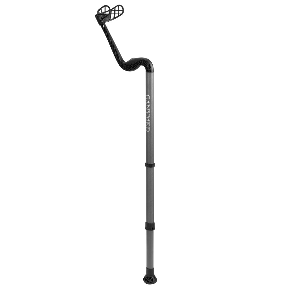 Ossenberg Unterarmgehhilfe GANYMED® Benchmark. Grau, höhenverstellbar. Armauflage und Griff schwarz. GANYMED®-Schriftzug.