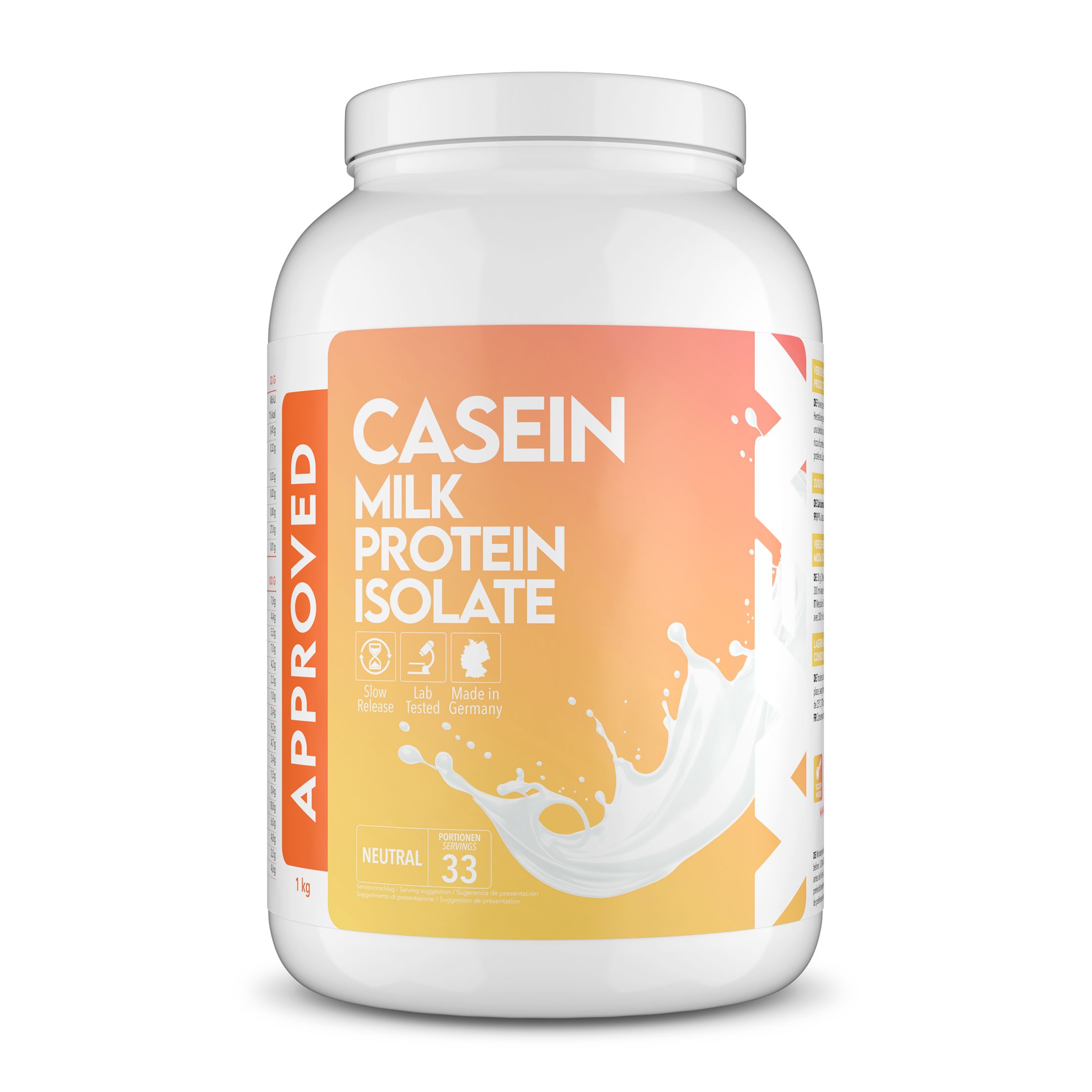 Weißer Casein Milk Protein Isolate Behälter mit gelb-orangefarbenem Etikett. Text: Neutral, 33 Portionen. Milchspritzer.