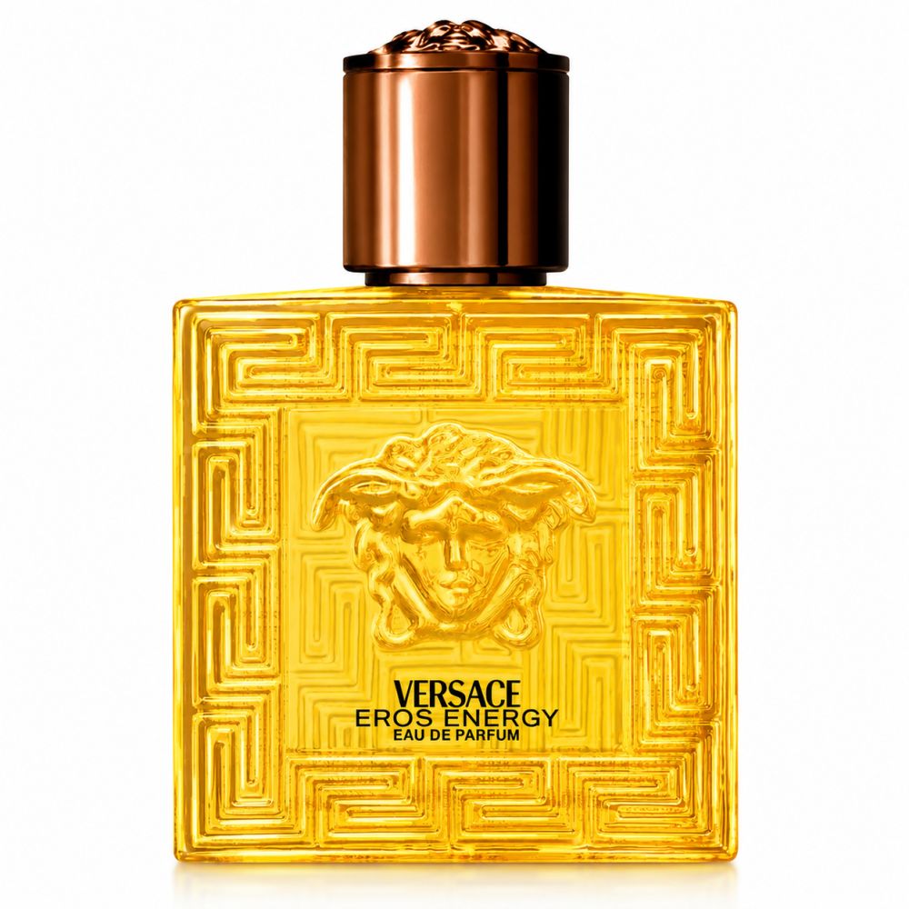 Versace Eros Energy Eau de Parfum Flakon mit Medusa-Kopf-Relief und goldenem Deckel.