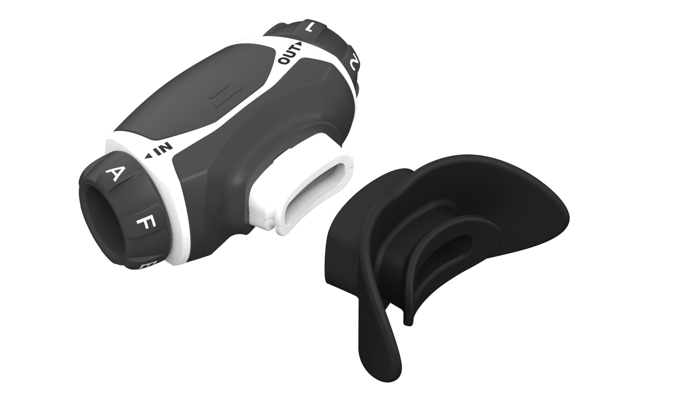 Atemtrainer, schwarz-weiß. Drehregler, Markierungen 'IN' und 'OUT'. Mundstück abgetrennt.
