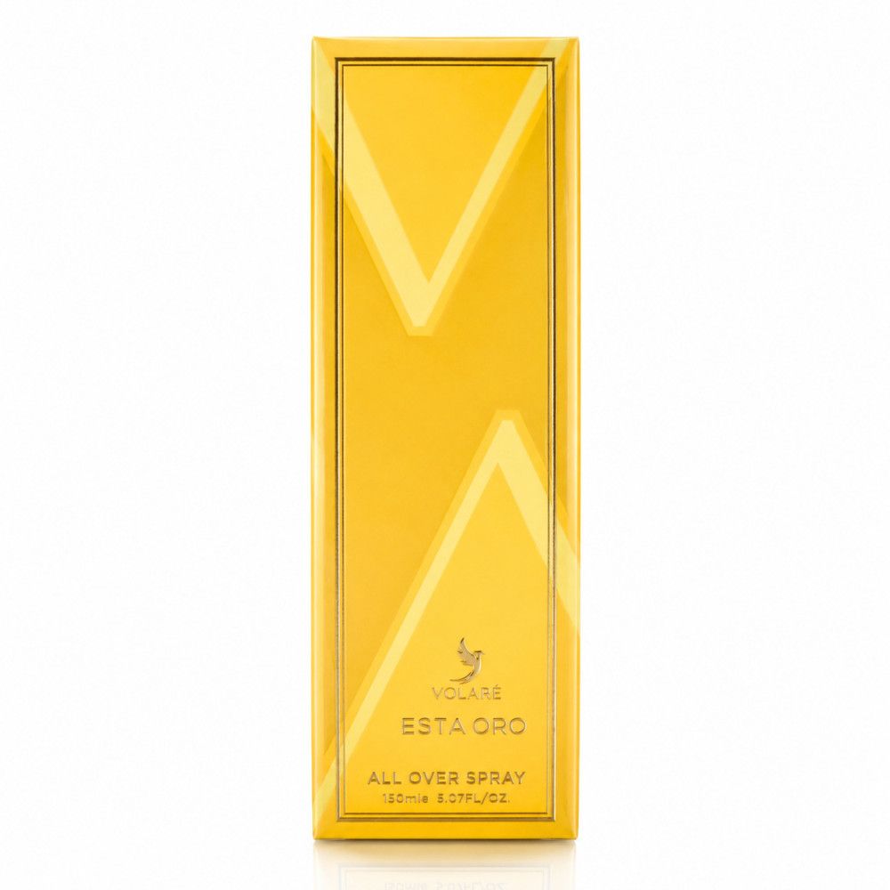 Gelbe Verpackung mit geometrischen Mustern und dem Schriftzug 'Volare Esta Oro All Over Spray'.