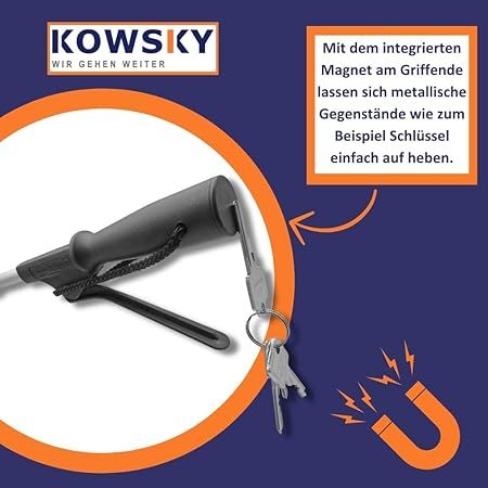 Greifhilfe mit Magnet. Schlüssel werden vom Magneten angezogen. Text: Mit dem integrierten Magnet am Griffende lassen sich metallische Gegenstände einfach aufheben.