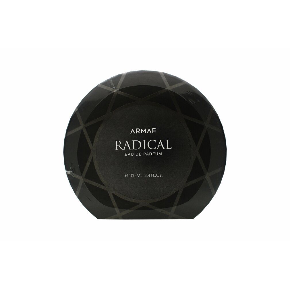 Runder, schwarzer Karton mit geometrischem Muster. Aufschrift: Armaf Radical Eau de Parfum.
