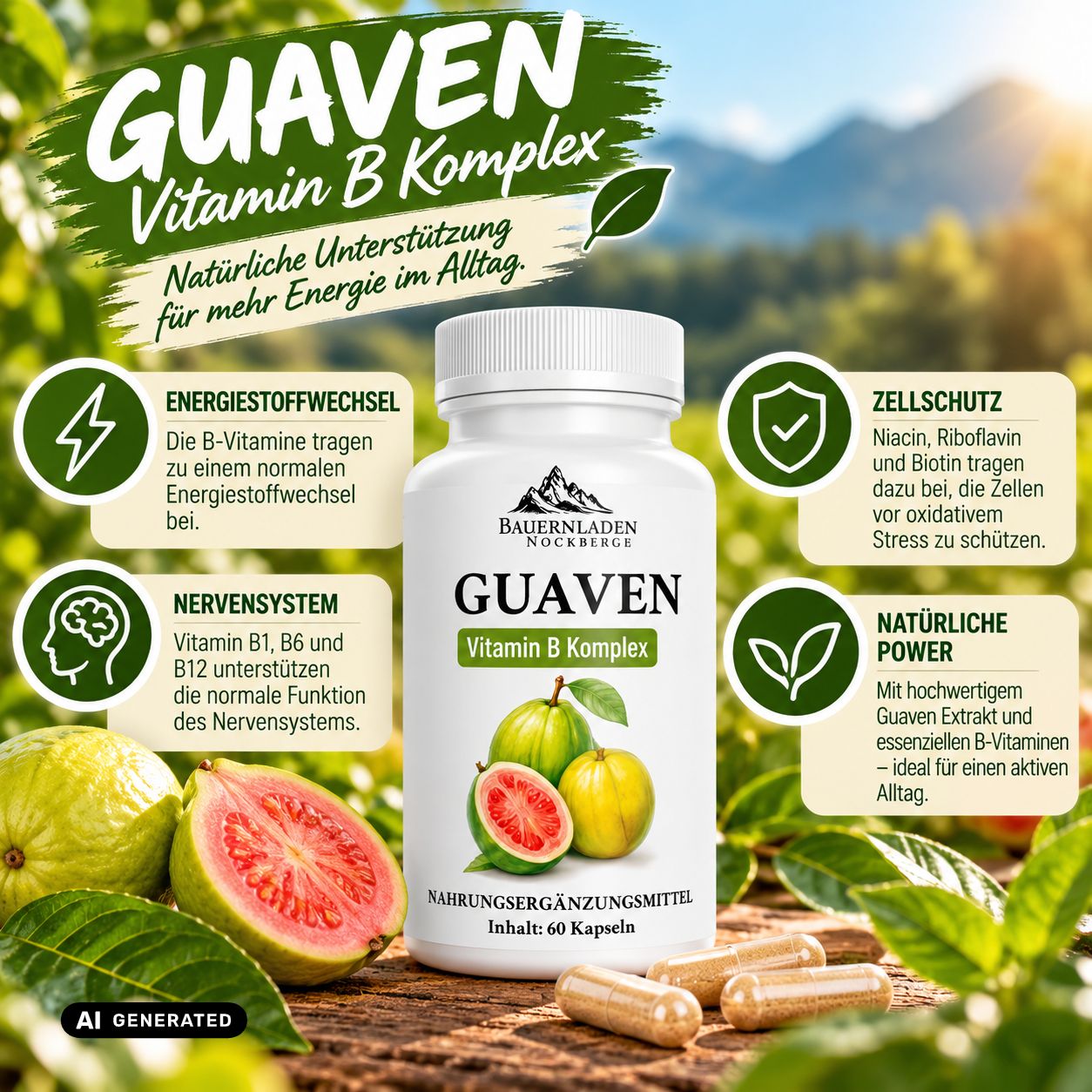 Flasche Guaven Vitamin B Komplex mit Hinweisen zu Energie und Nervensystem.