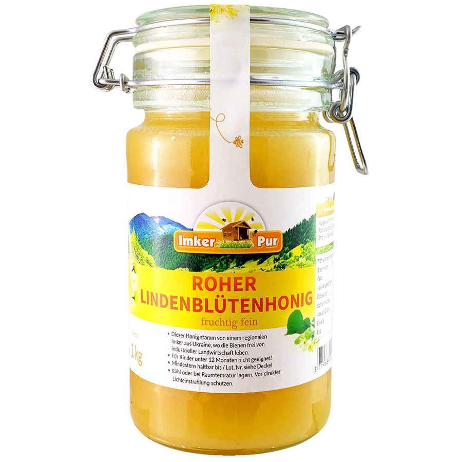 Glas mit Honig, Etikett mit Produktname und Logo. Deckel mit Metallverschluss. Gelber Honig sichtbar.