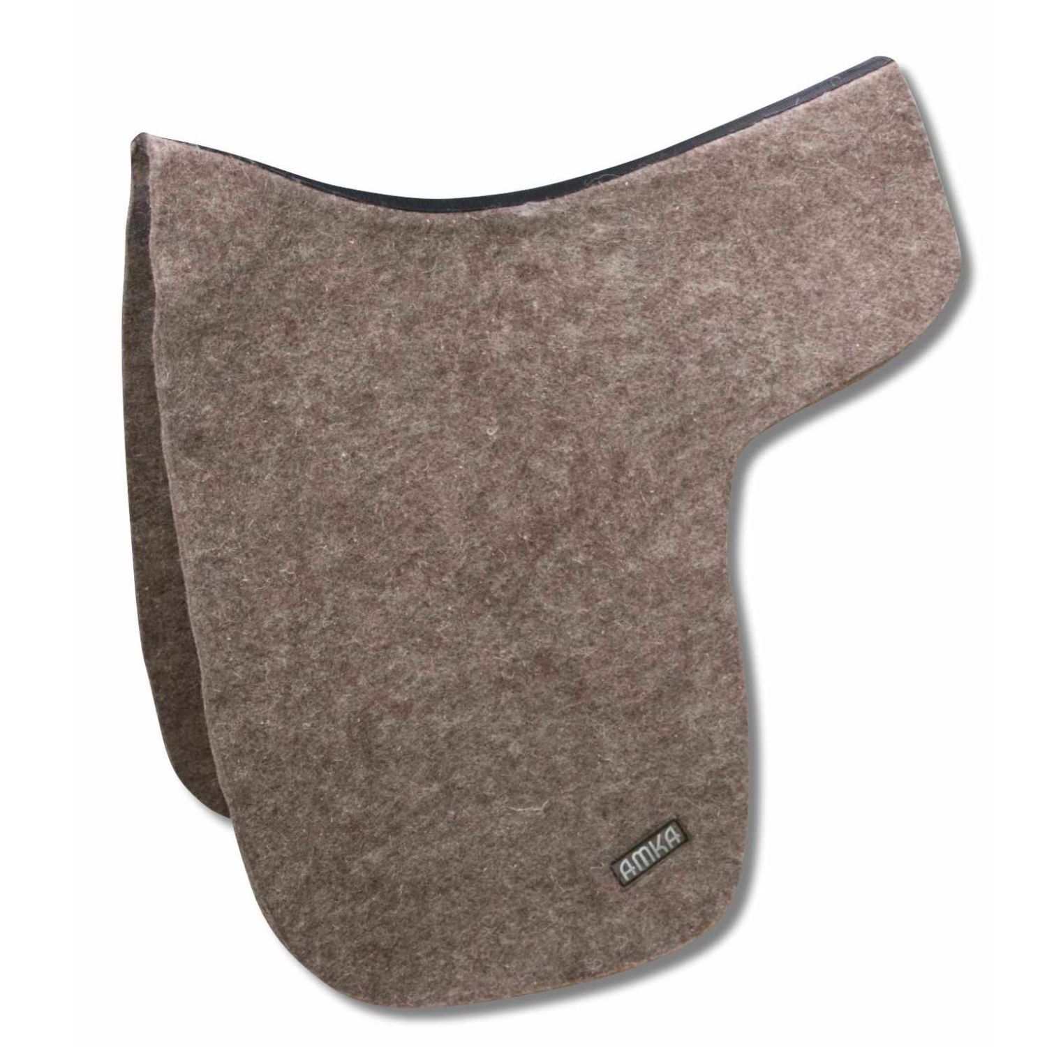 Braune Filz Unterdecke mit schwarzem Rand. Logo AMKA.