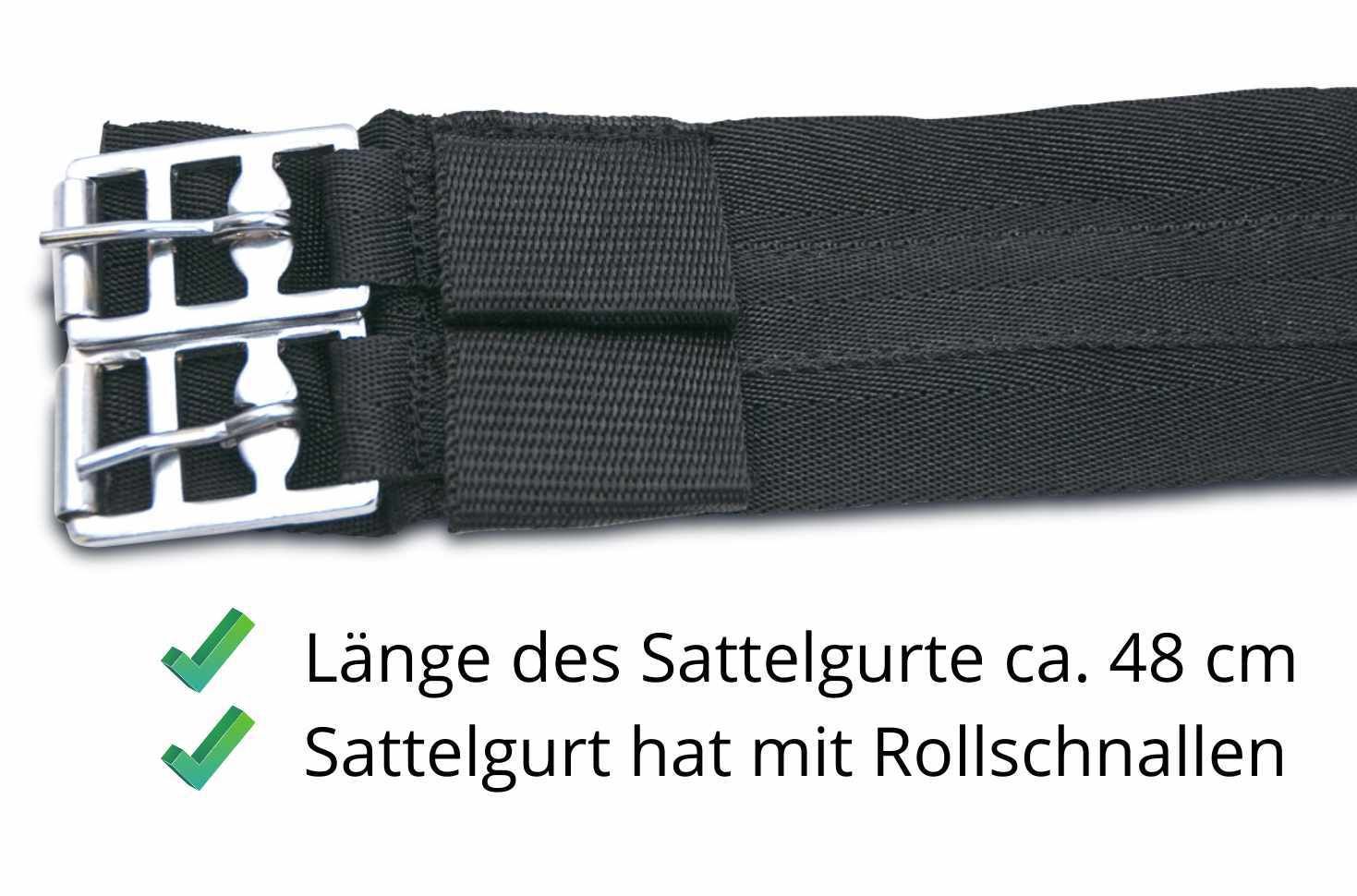 Schwarzer Sattelgurt mit Rollenschnallen. Länge ca. 48 cm.