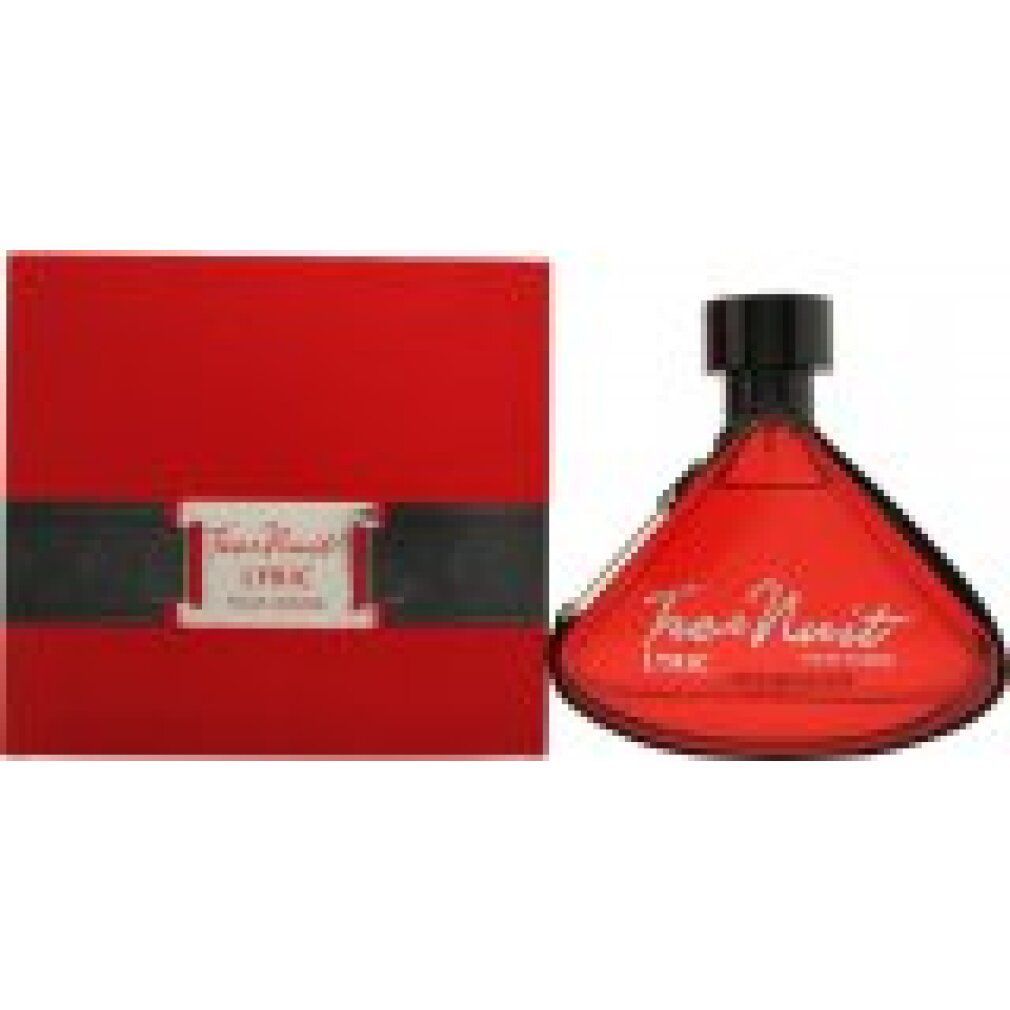 Roter Flakon und rote Schachtel. Aufschrift: Tres Nuit Lyric Pour Homme. Schwarzes Band auf der Schachtel.