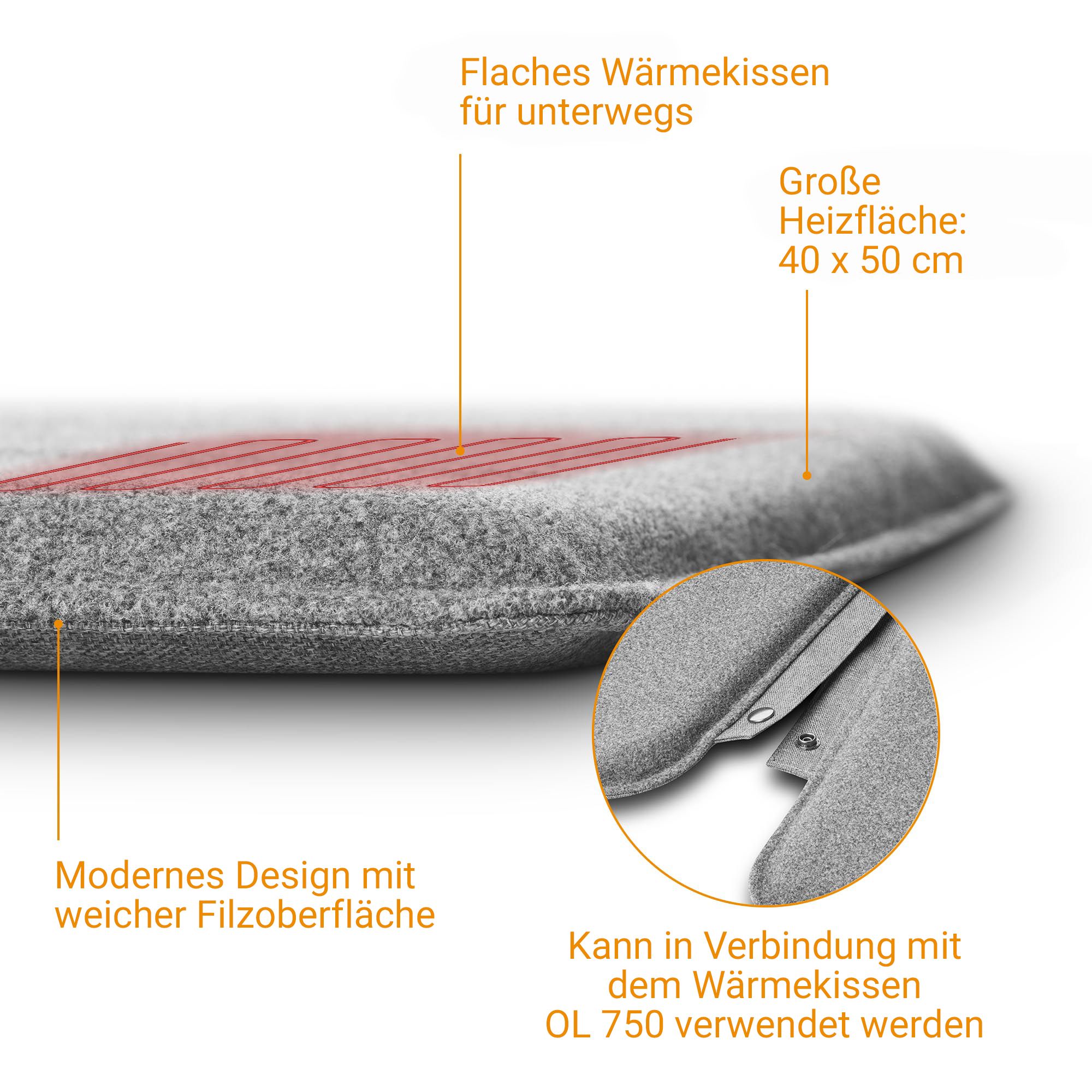 Graues Heizkissen mit weicher Filzoberfläche und roten Heizelement-Symbolen.