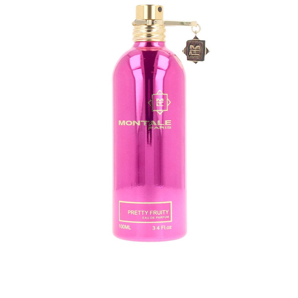 Rosa Flakon mit goldenem Verschluss. Aufschrift: MONTALE PARIS, PRETTY FRUITY. Anhänger mit Logo.