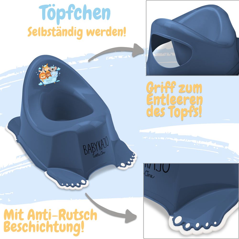 Blaues Töpfchen mit Anti-Rutsch-Beschichtung. Füße-Design. Text: Babykajo Little One.