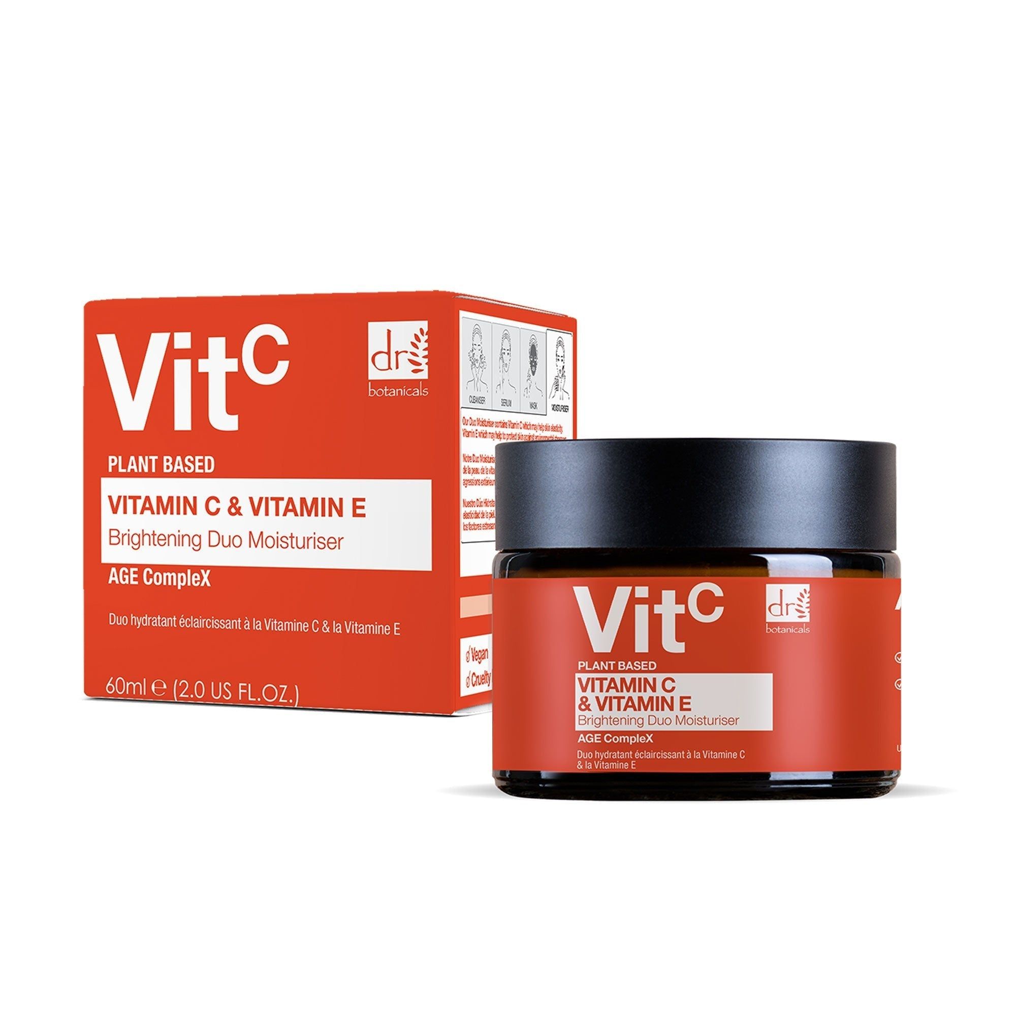 Creme-Glas mit schwarzem Deckel und "VitC" Schriftzug. Daneben eine Schachtel mit Produktinformationen und Logo.