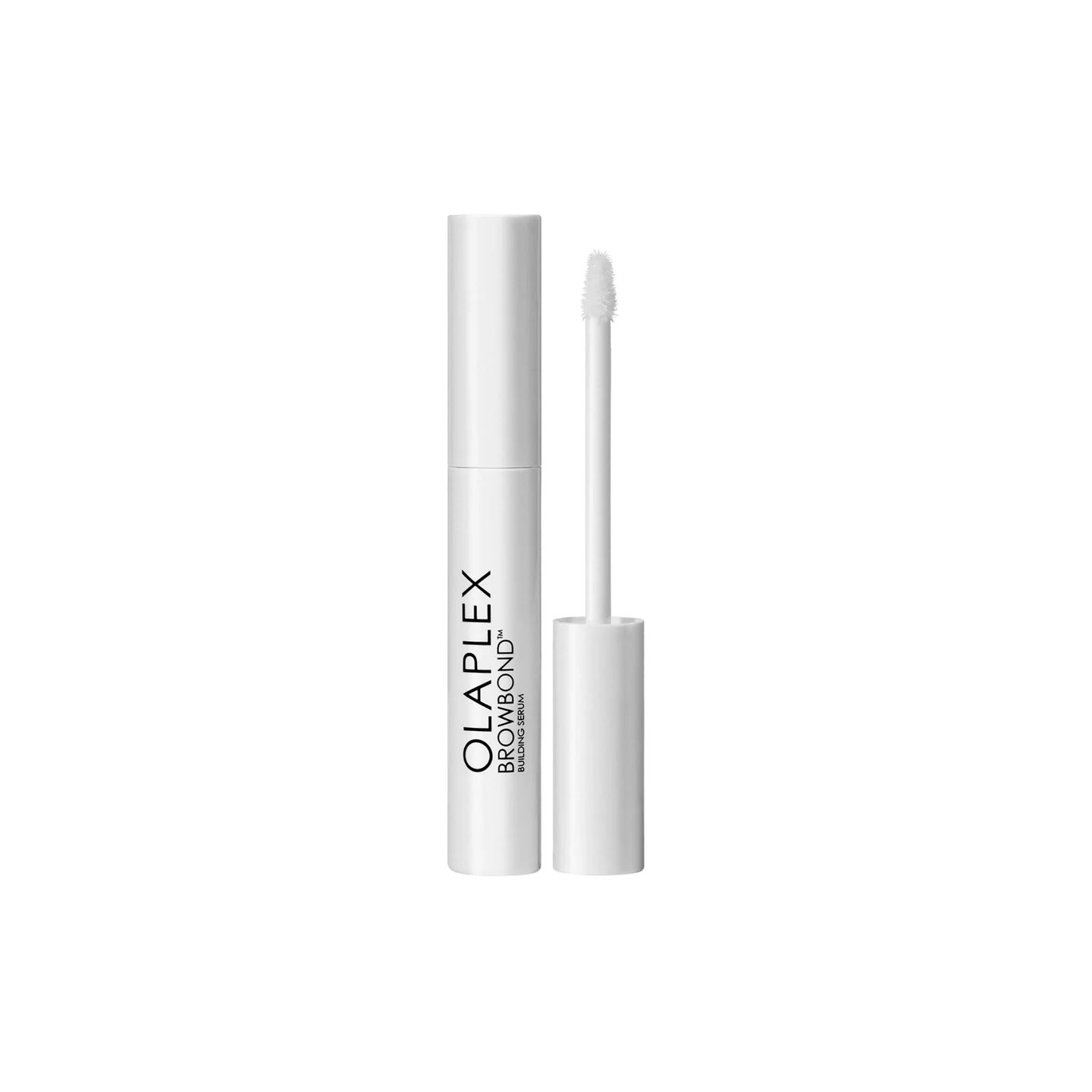 Weißer Behälter mit Applikator. OLAPLEX Browbond Building Serum Schriftzug.