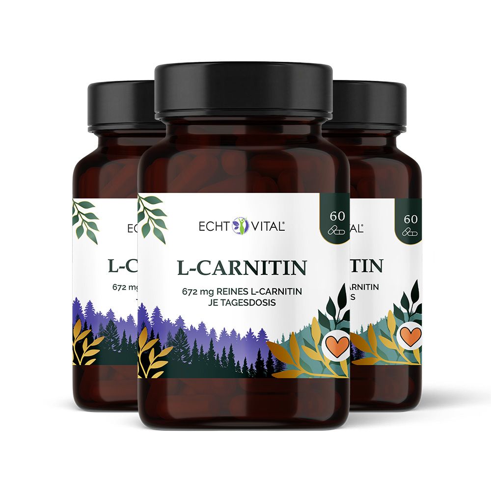 Drei braune Flaschen mit Kapseln. Aufschrift: Echt Vital L-Carnitin. 60 Kapseln. Wald-Design.