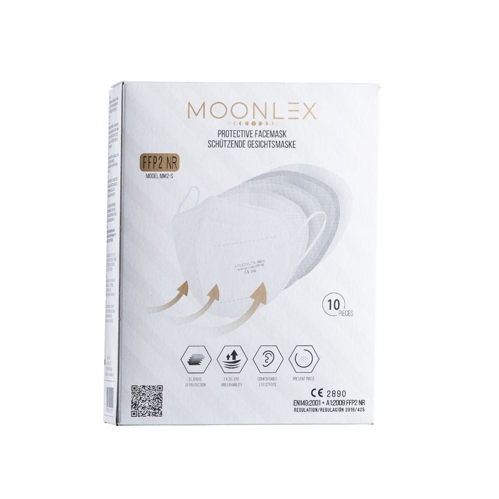 Verpackung mit Moonlex FFP2-Masken. Weiße Masken, 10 Stück. Aufdrucke: FFP2 NR, CE 2890.
