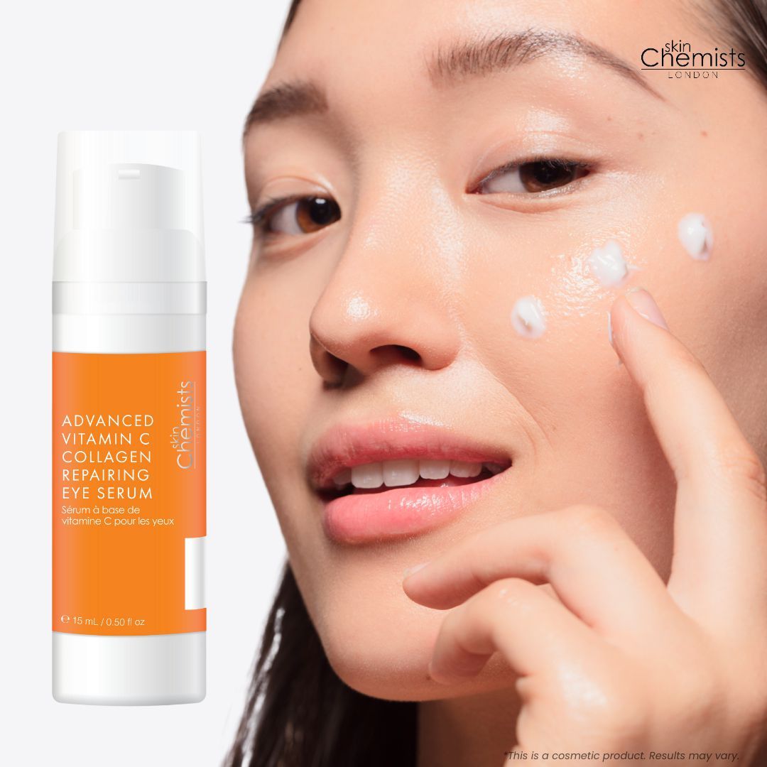 Produkt neben Gesicht einer Frau. Aufschrift: Advanced Vitamin C Collagen Repairing Eye Serum. Creme wird aufgetragen.