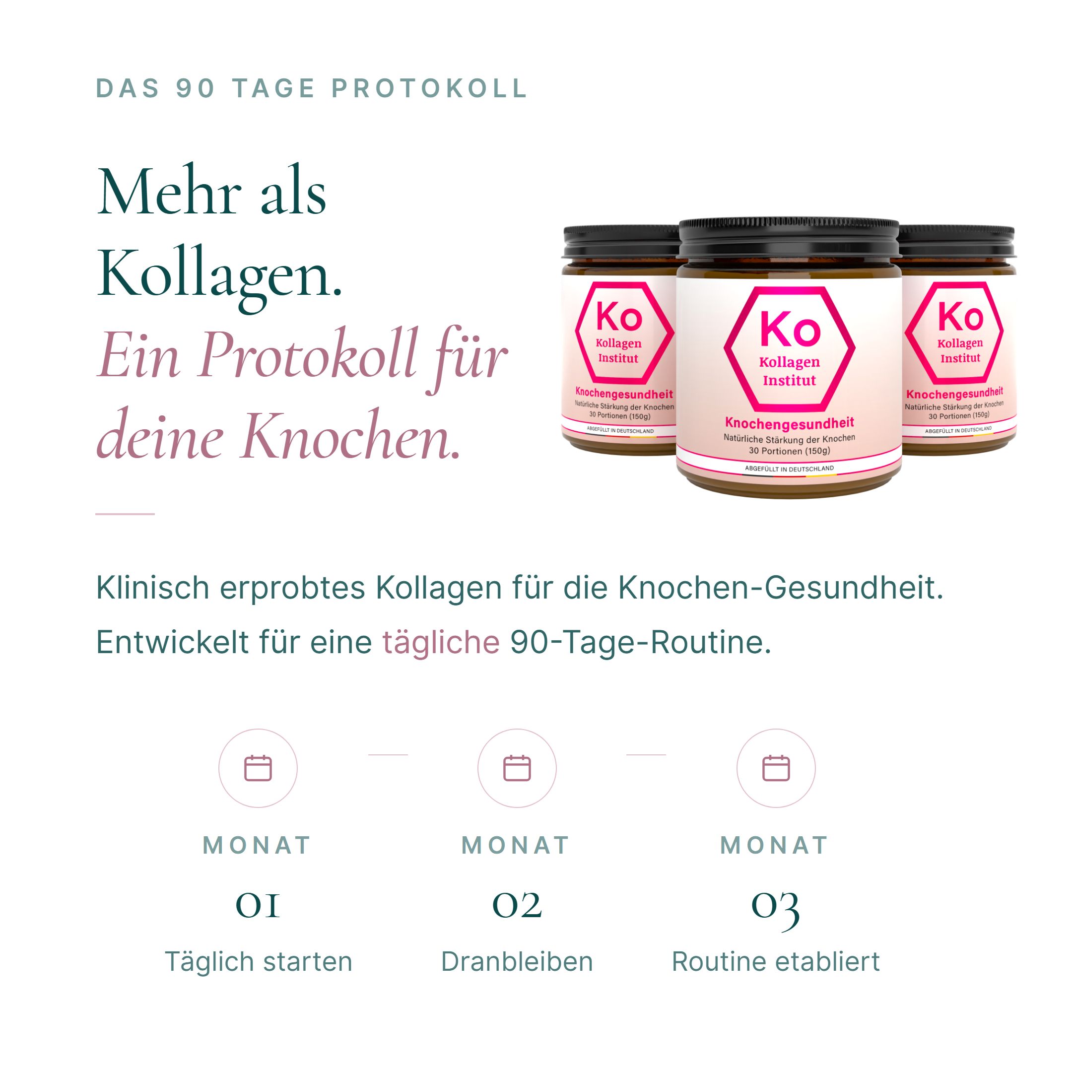 Drei Gläser Kollagen Pulver, Teil eines 90-Tage-Protokolls für Knochen.